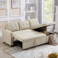 Upholstered Pull Out Sectional Sofa With Storage Chaise, Convertible Corner Couch, Beige Beige Wood Medium Soft Pillow Back Modern Square Arms Linen 3 Seat