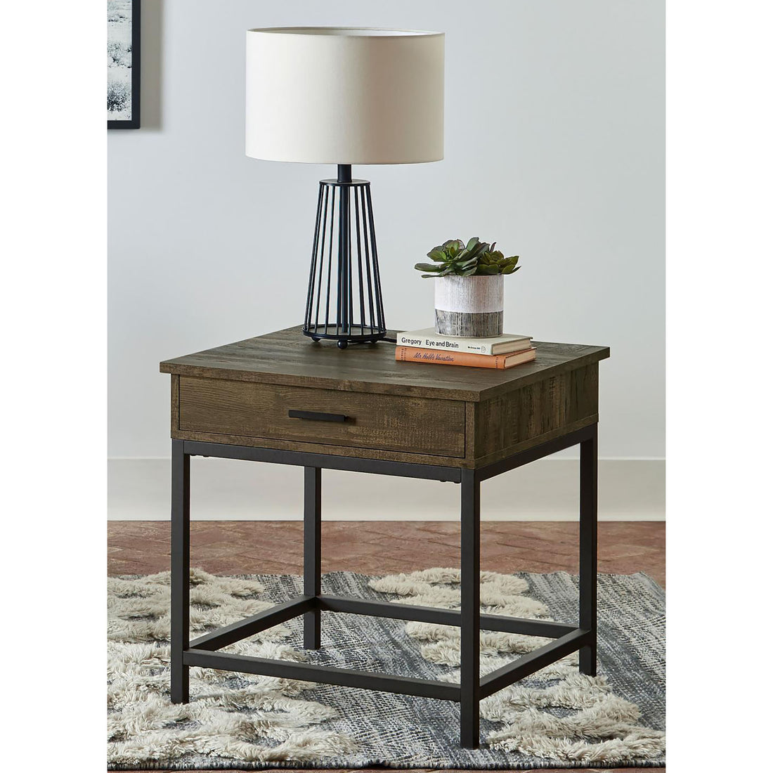 Brown Oak And Sandy Black Square End Table Brown Primary Living Space Industrial Square Drawers Coffee & End Tables Wood