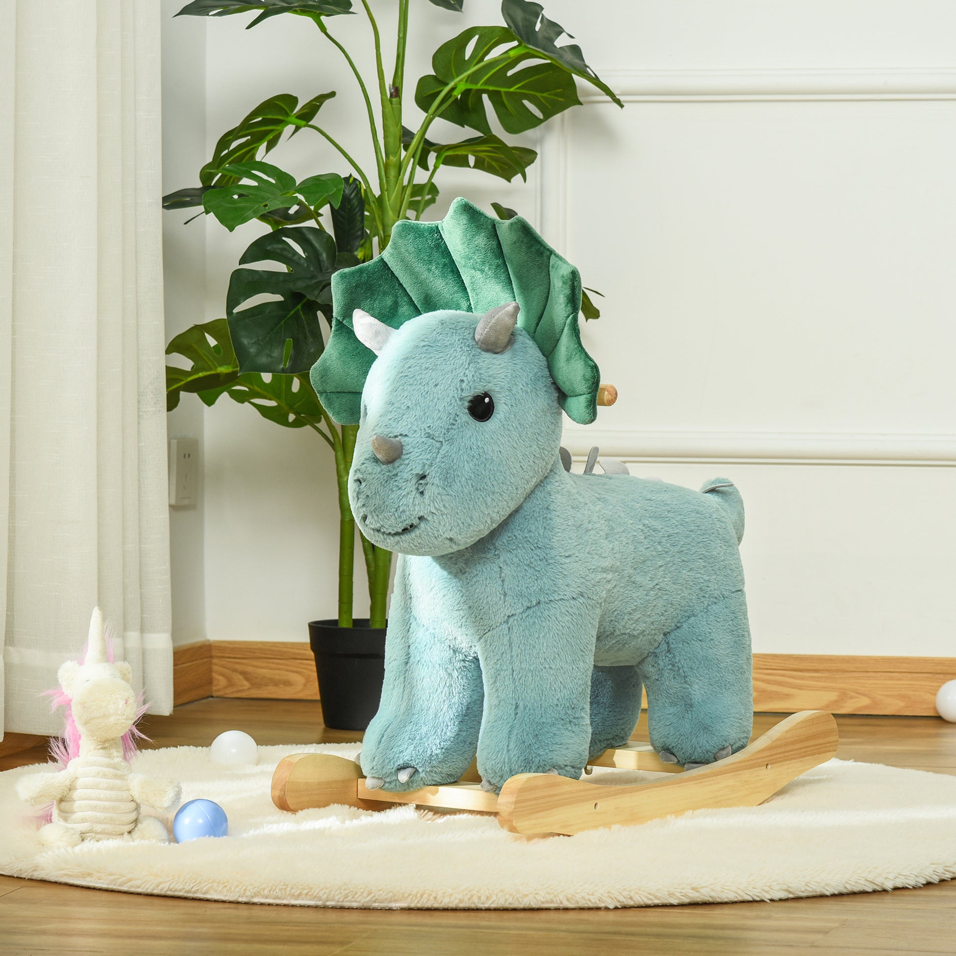 Kids Plush Ride On Rocking Horse Triceratops Shaped Plush Toy Rocker With Realistic Sounds For Child 36 72 Months Dark Green Green Wood