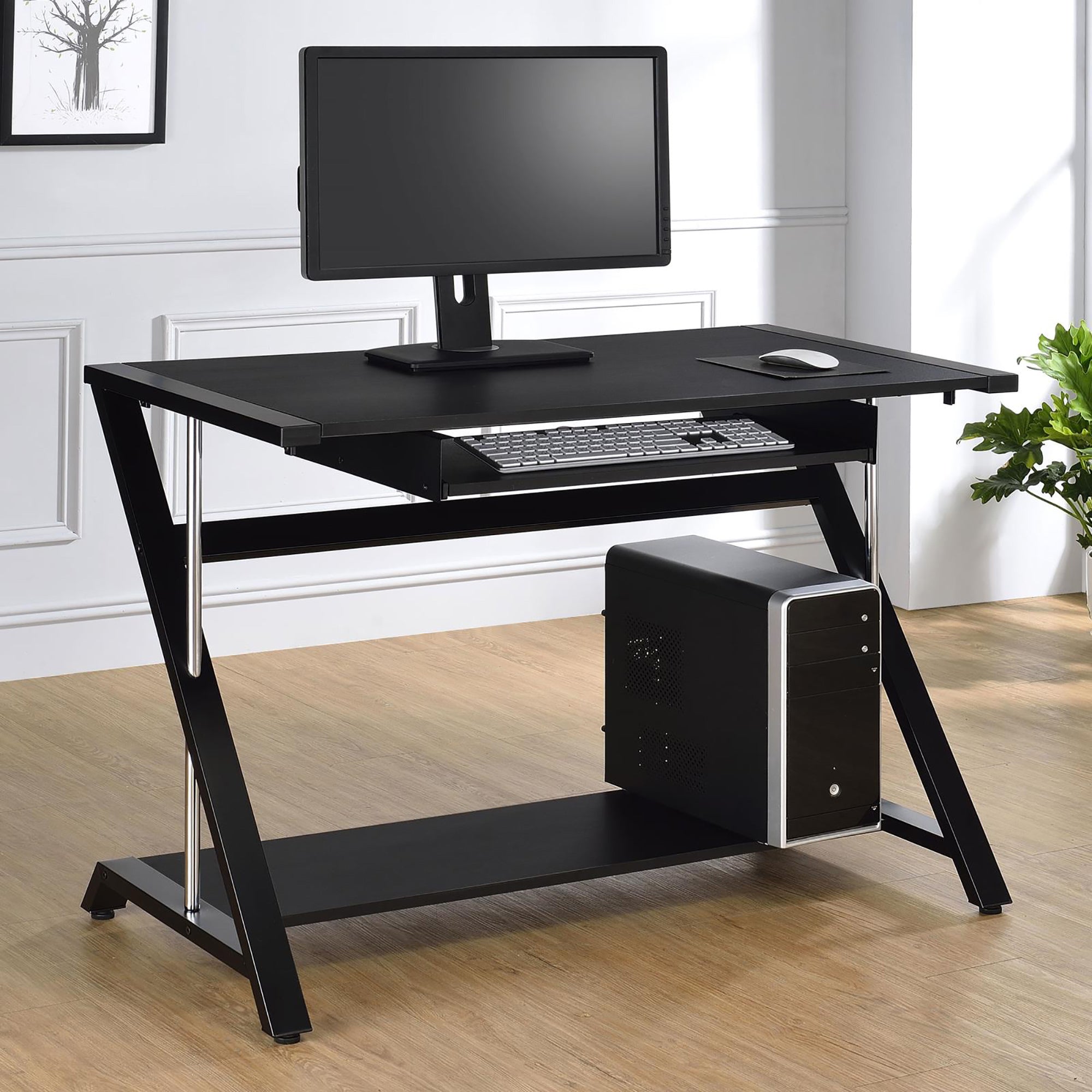 Black And Chrome Computer Desk With Keyboard Tray Black Keyboard Tray Computer Desk Office Contemporary,Modern Rectangular Shelves Desk Metal