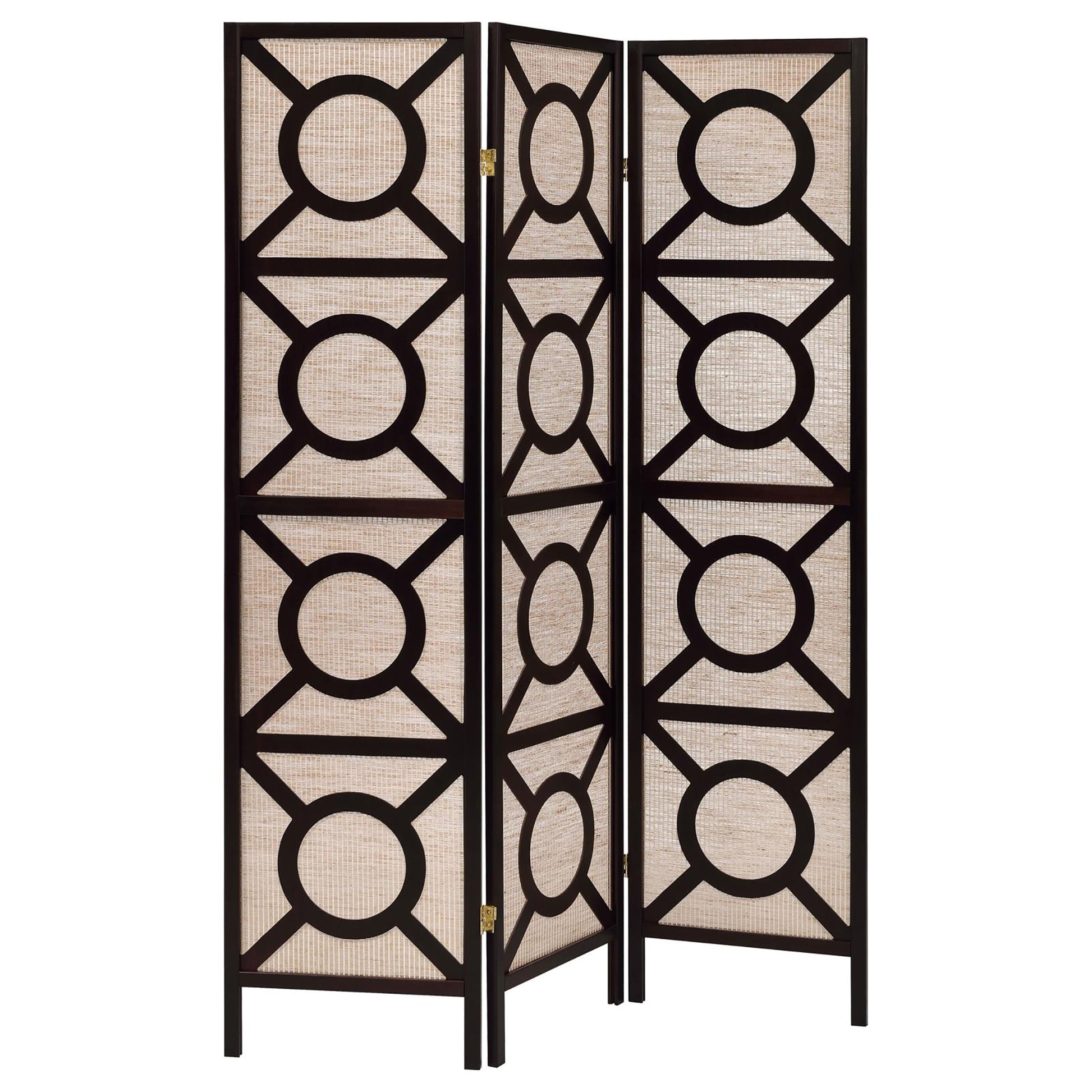 Tan And Cappuccino Circle Pattern 3 Panel Folding Screen Brown Traditional Wood