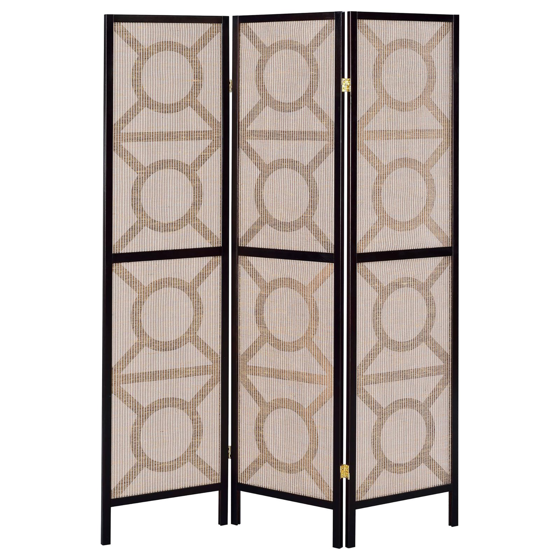 Tan And Cappuccino Circle Pattern 3 Panel Folding Screen Brown Traditional Wood