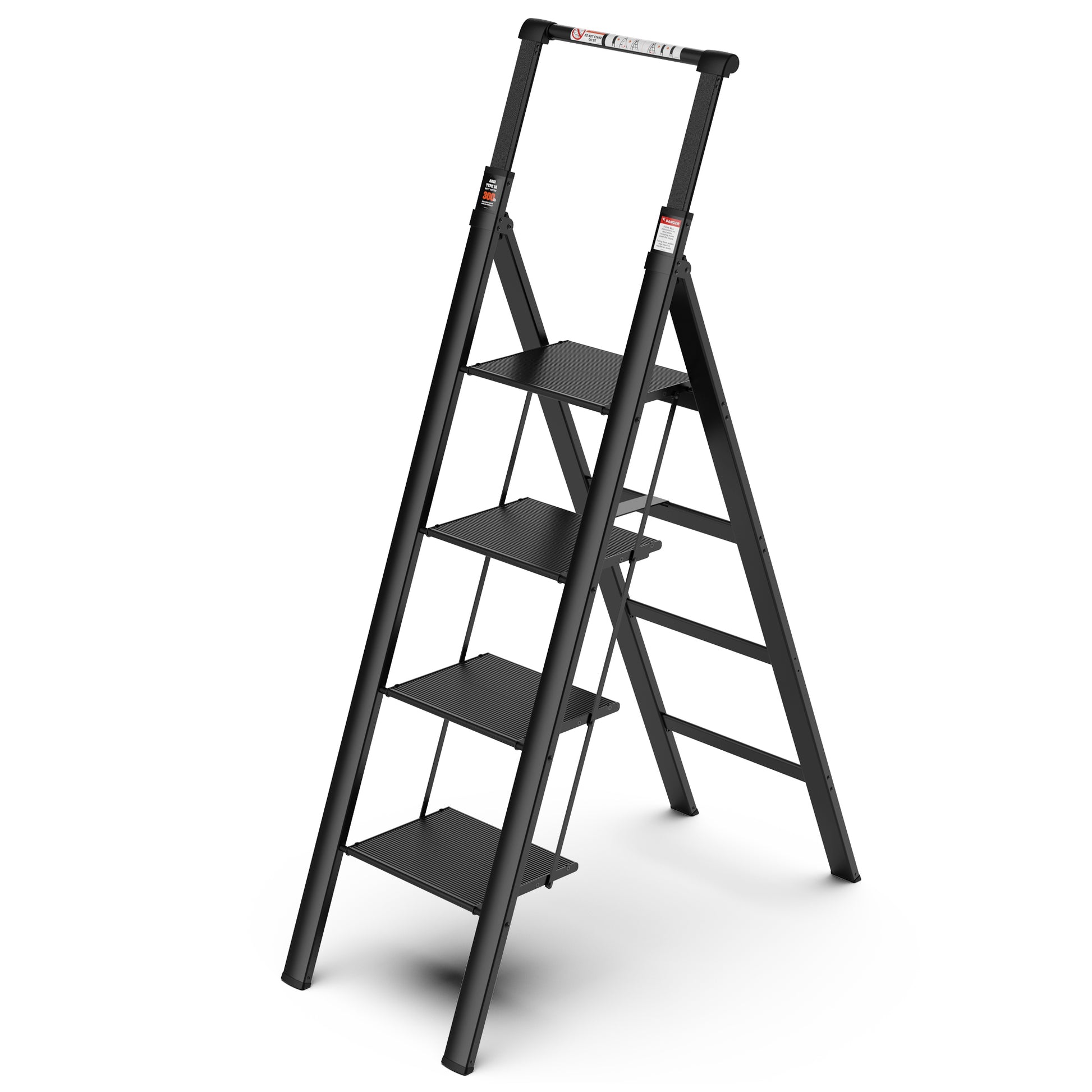 4 Step Ladder, Retractable Handgrip Folding Step Stool With Anti Slip Wide Pedal, Aluminum Step Ladders 4 Steps, 300Lbs Safety Household Ladder Black Aluminium