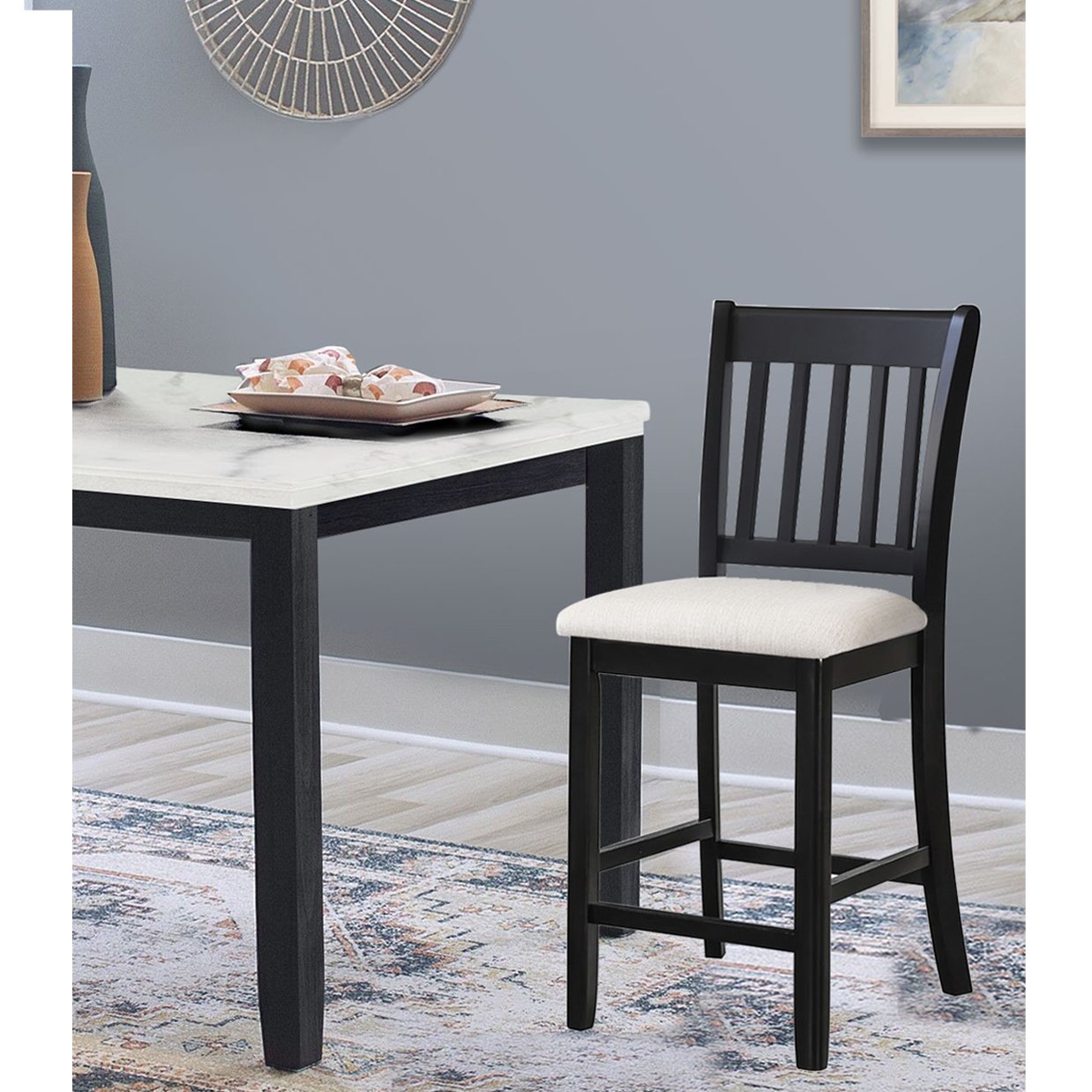 Casual Seating Black Finish Chairs Set Of 2 Rubberwood Transitional Slatted Back Design Dining Room Furniture Counter Chairs Solid White Dining Room Rubberwood Slat Back Engineered Wood Black White Painted Foam Dry Clean Rectangular