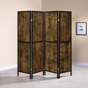 Antique Nutmeg And Black 4 Panel Folding Screen Brown Farmhouse,Rustic Wood