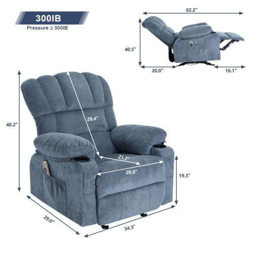 Recliner Chair Massage Heating Sofa With Usb And Side Pocket 2 Cup Holders Blue Blue Soft Foam Fabric