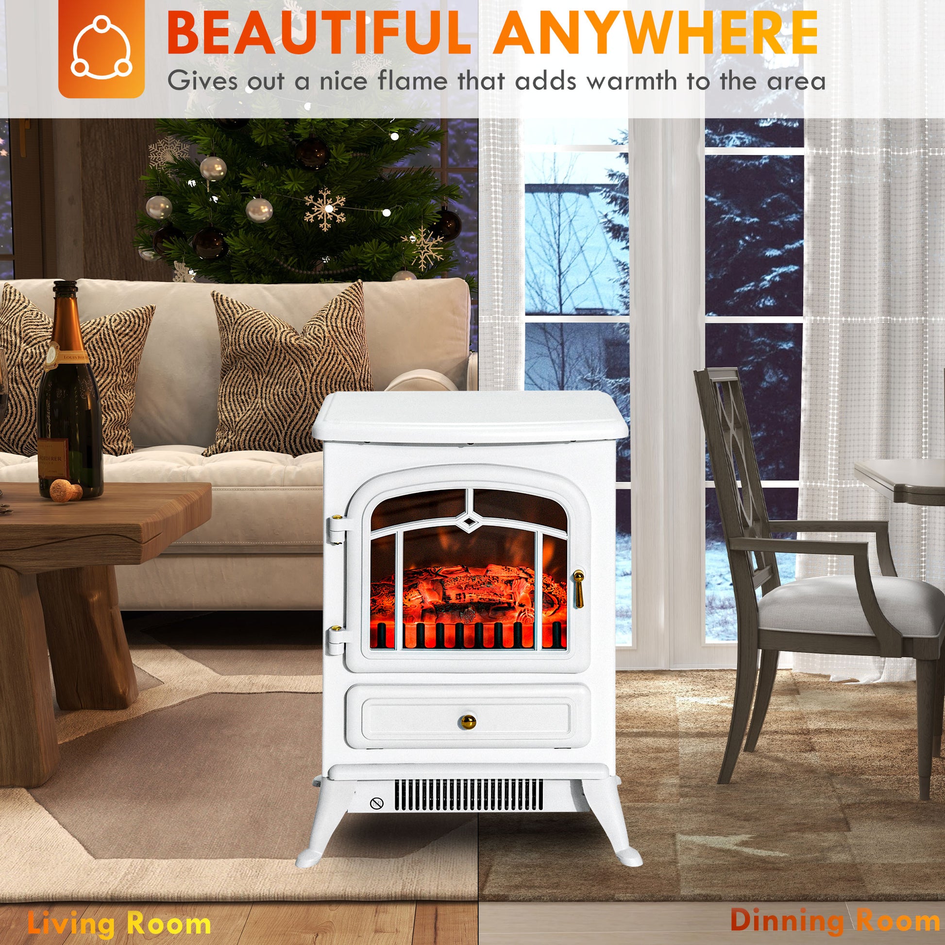 22" Electric Fireplace Heater, Freestanding Fire Place Stove With Realistic Led Flames And Logs, And Overheating Protection, 750W 1500W, White White Tempered Glass