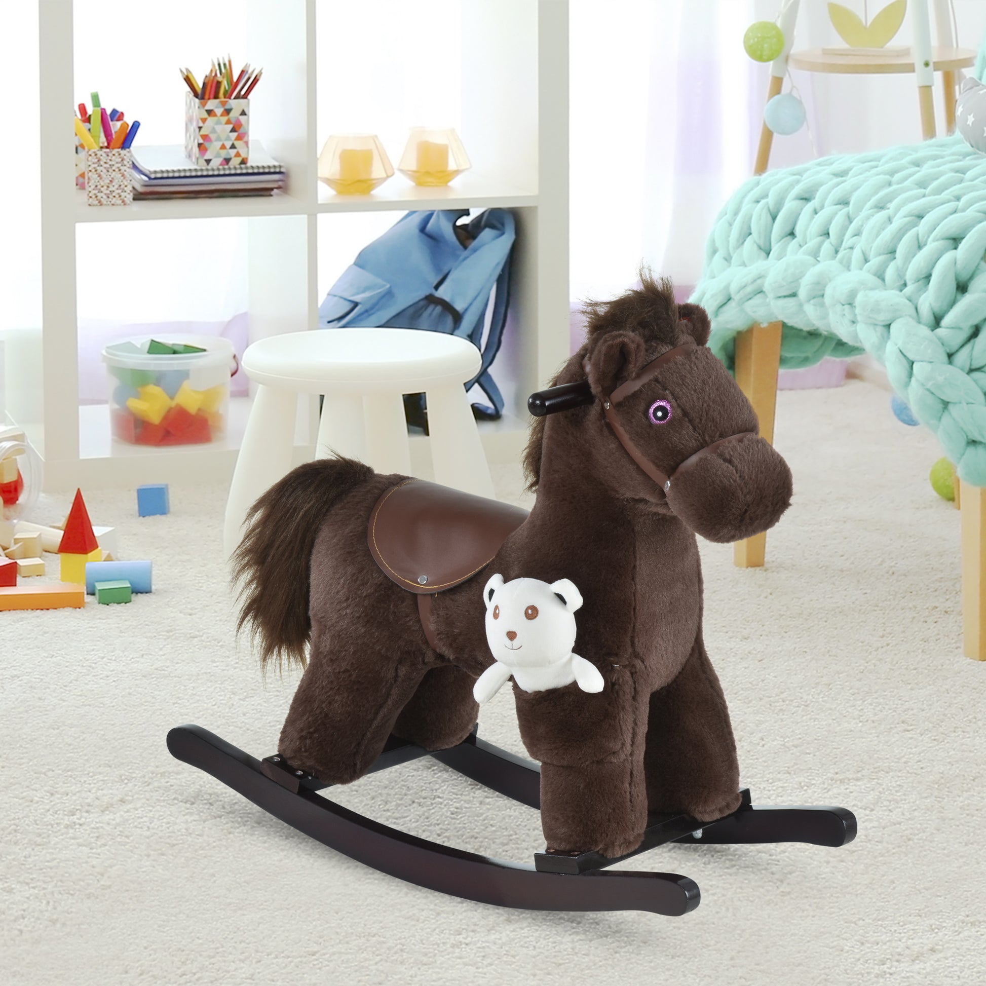 Kids Plush Ride On Rocking Horse With Bear Toy, Children Chair With Soft Plush Toy & Fun Realistic Sounds, Brown Brown Wood