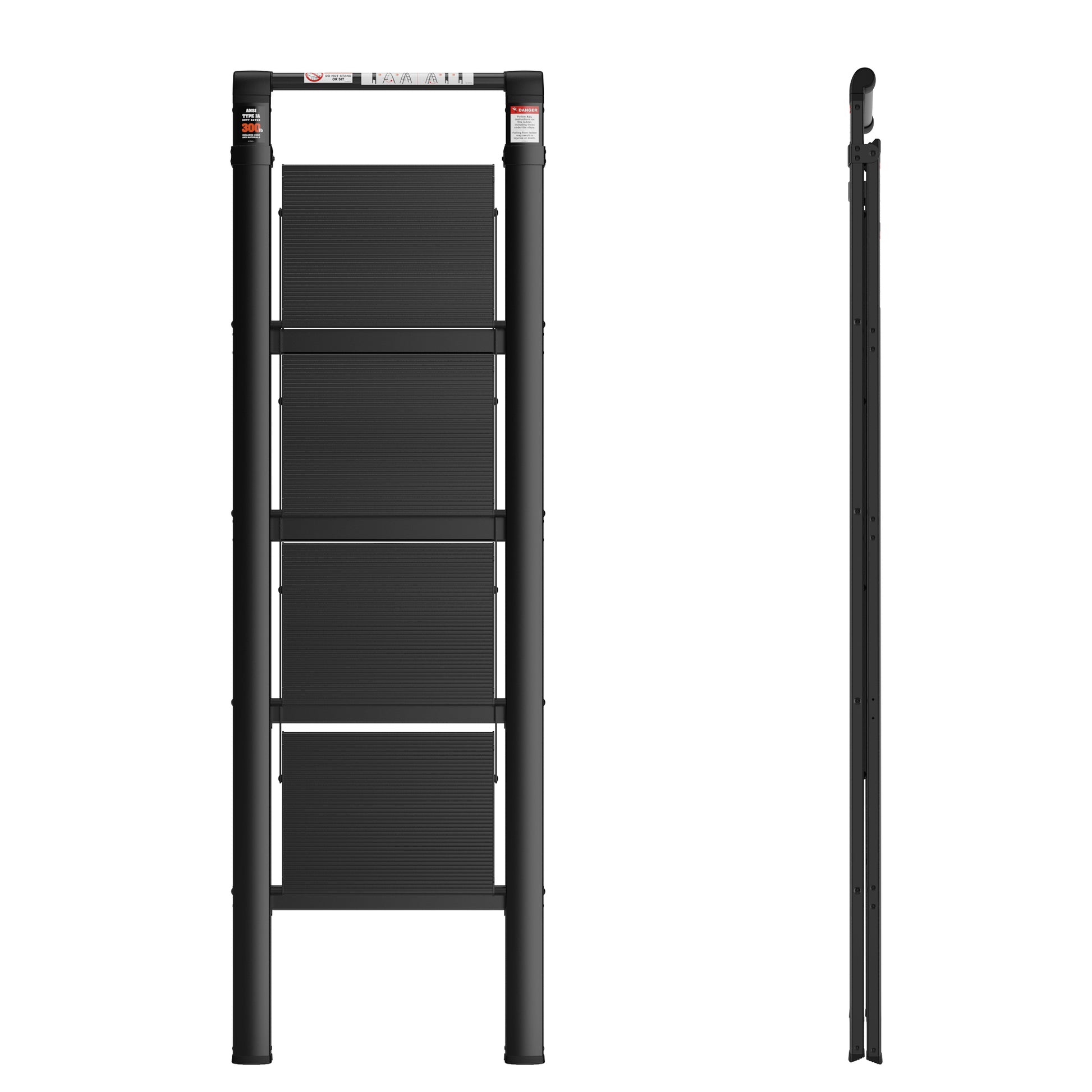 4 Step Ladder, Retractable Handgrip Folding Step Stool With Anti Slip Wide Pedal, Aluminum Step Ladders 4 Steps, 300Lbs Safety Household Ladder Black Aluminium