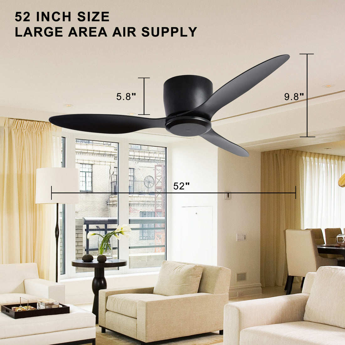 52" Flush Mount Ceiling Fan Without Light, 3 Reversible Blades, With 6 Speeds Reversible Dc Motor,Low Profile Ceiling Fan With No Light For Living Room Kitchen Bedroom Black Abs Steel Q235