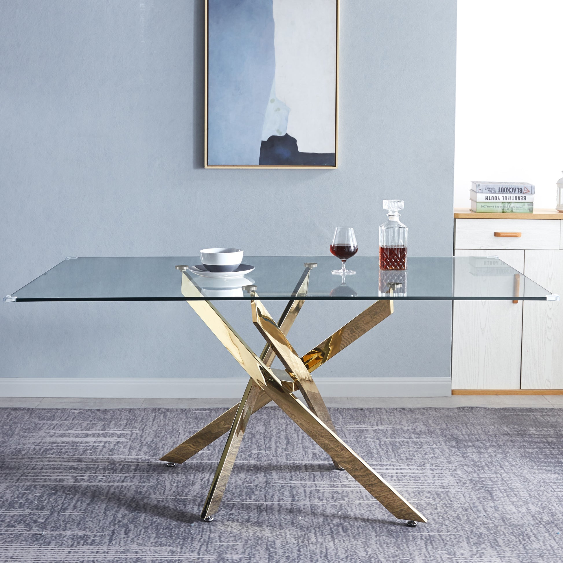 Rectangular Tempered Glass Dining Table, Modern Dining Room Interior Design, For 6 People Gold Glass