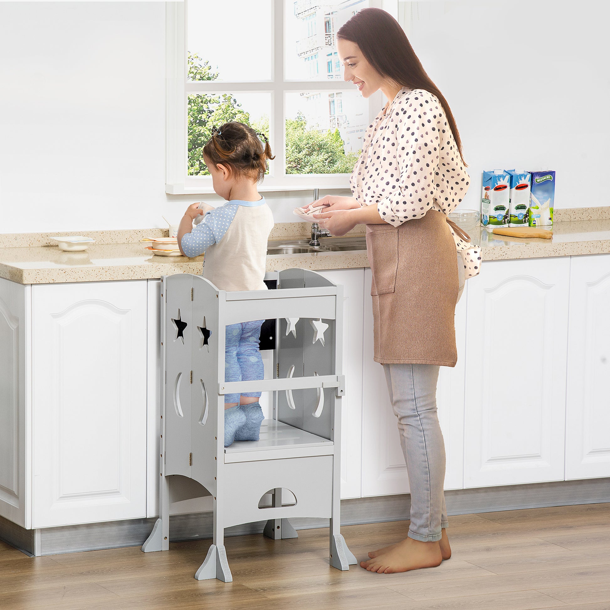 Kids Kitchen Step Stool Foldable Child Standing Tower With Chalkboard. Lockable Handrail For Children 3 6 Years Old, Grey Gray Mdf