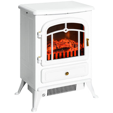 22" Electric Fireplace Heater, Freestanding Fire Place Stove With Realistic Led Flames And Logs, And Overheating Protection, 750W 1500W, White White Tempered Glass