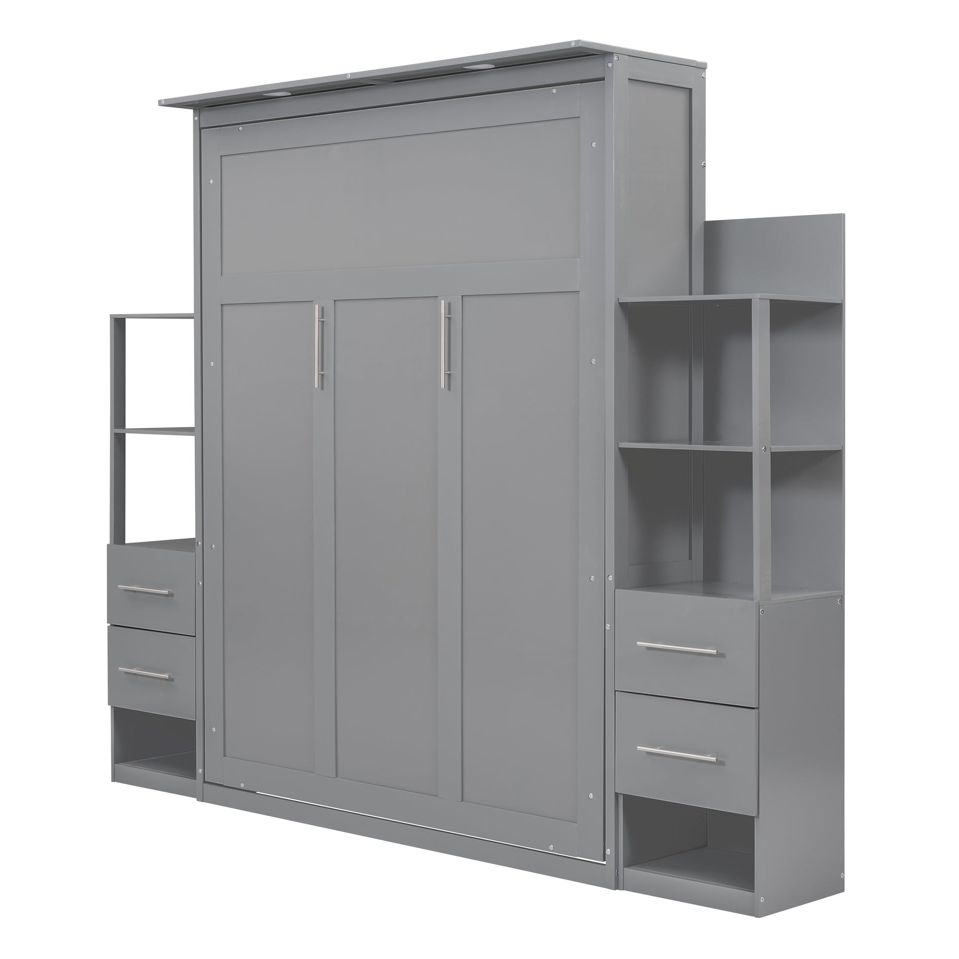 Queen Size Murphy Bed Wall Bed With Shelves, Drawers And Led Lights,Gray Queen Gray Mdf Lvl