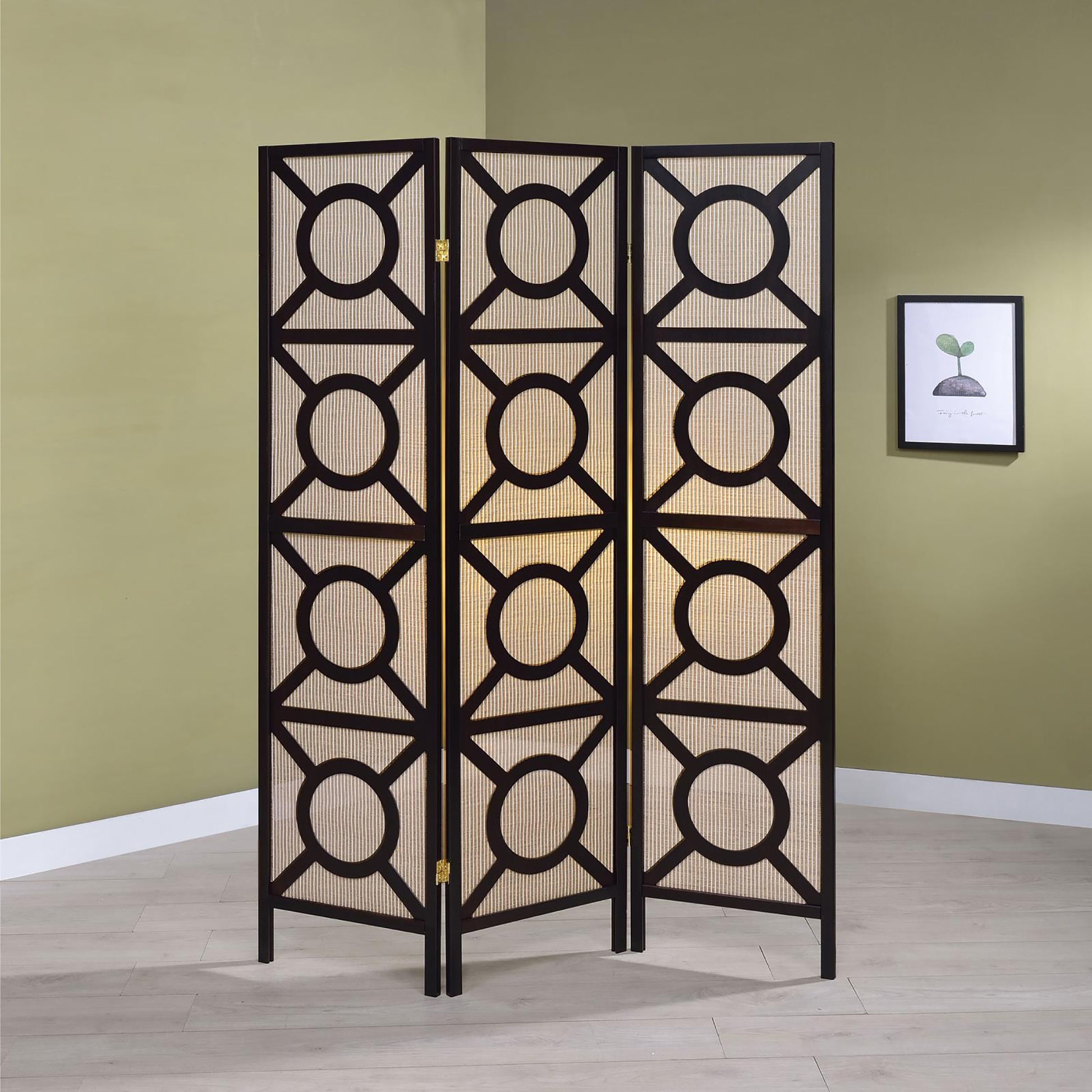 Tan And Cappuccino Circle Pattern 3 Panel Folding Screen Brown Traditional Wood