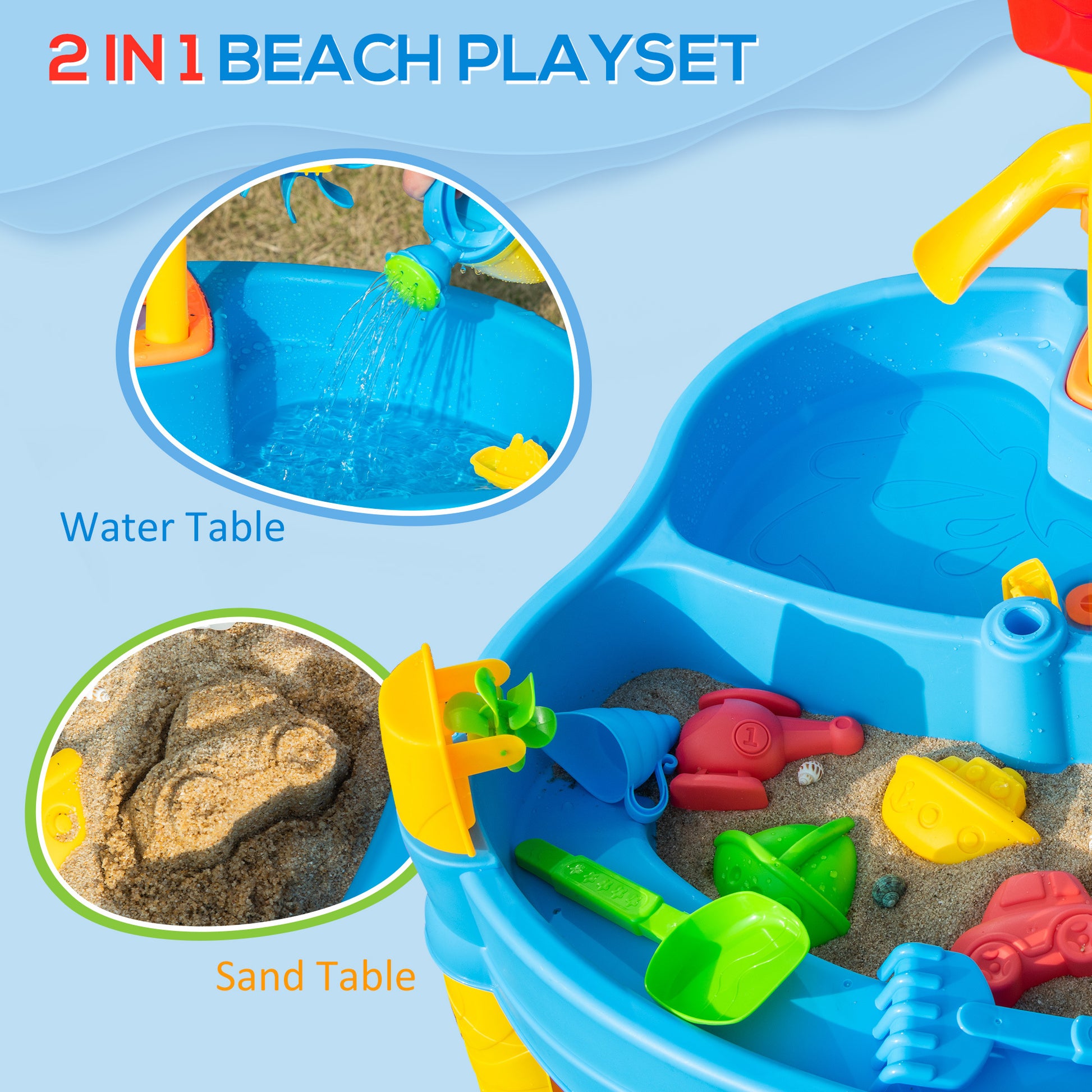 2 In 1 Covered Sandbox Table With Umbrella For Outdoors And Indoors, 25 Piece Sand And Water Table For Toddlers, Little Kids Toys Multicolor Polypropylene