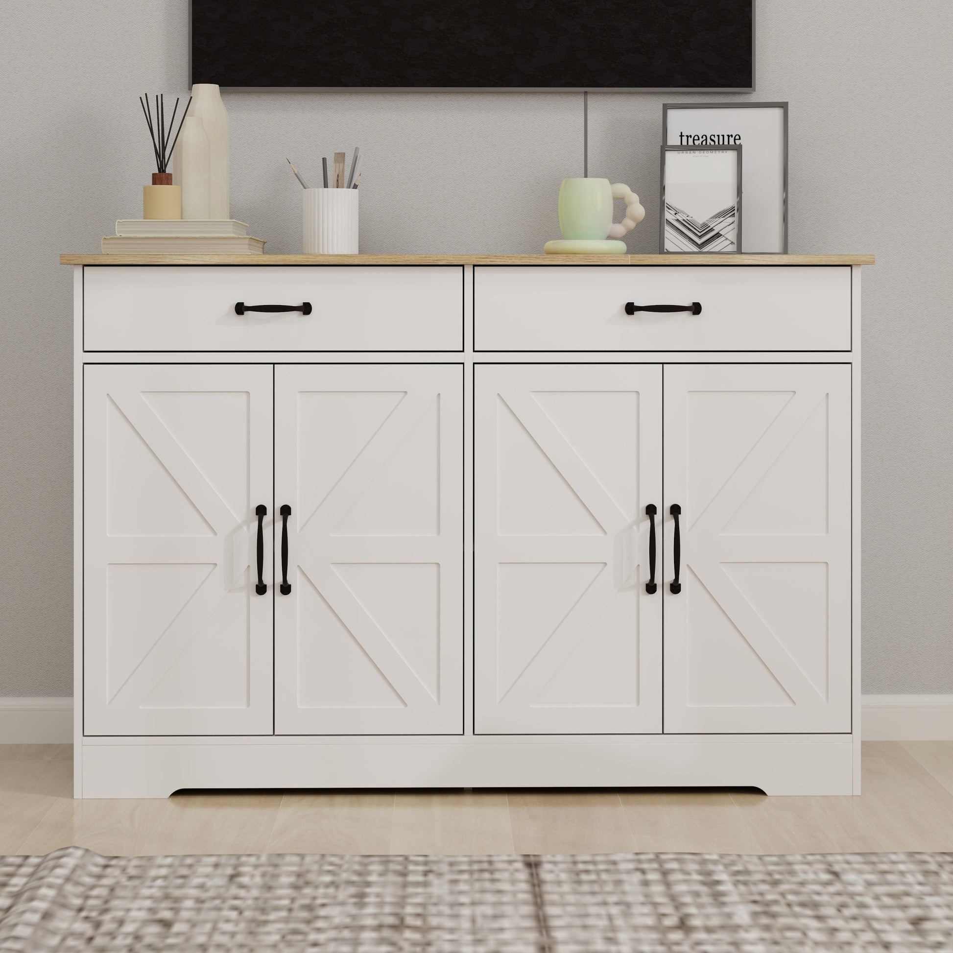 47.95" Farmhouse Buffet Cabinet Storage Sideboard With 2 Drawers And 4 Doors For Dining Living Room Kitchen Cupboard White White Mdf