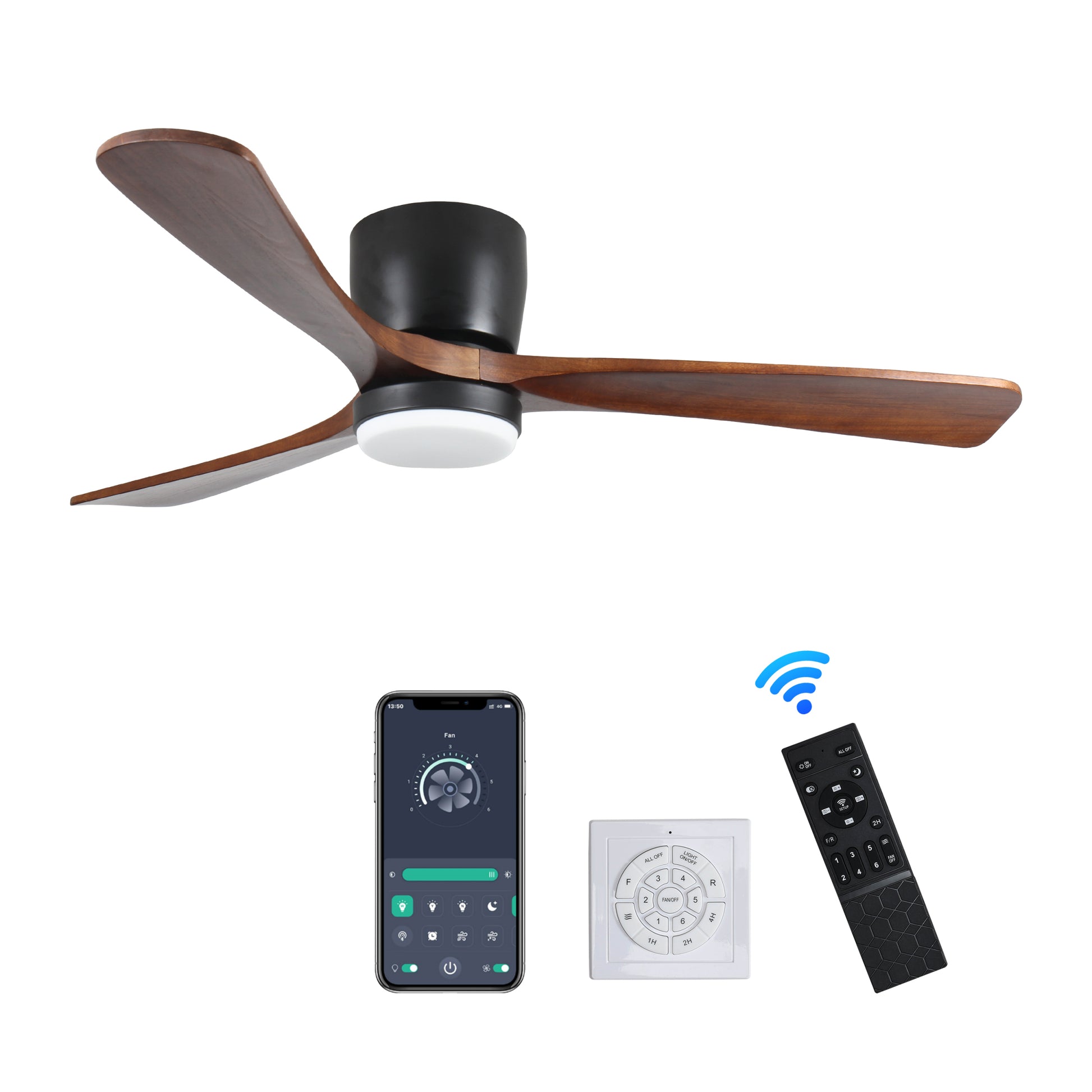 42 Inch Black Wood Ceiling Fans With Lights And Remote, Modern Flush Mount Low Profile Ceiling Fan With Light, 6 Speed, Reversible Dc Motor, For Bedroom Outdoor Farmhouse Patios Black Wood Metal