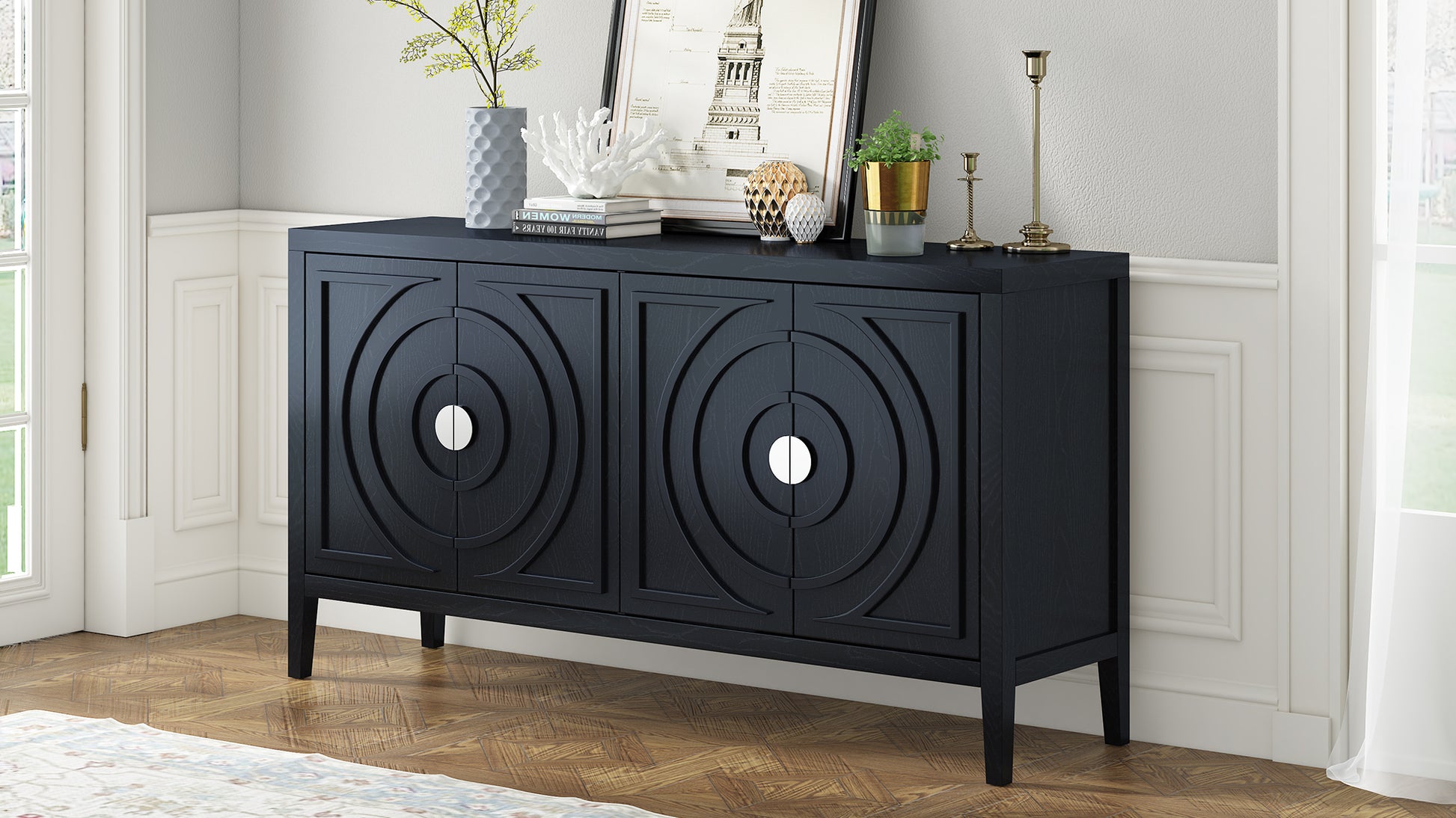 Retro Sideboard Door With Circular Groove Design Round Metal Door Handle For Entrance, Dinning Room, Living Room Black Black Mdf