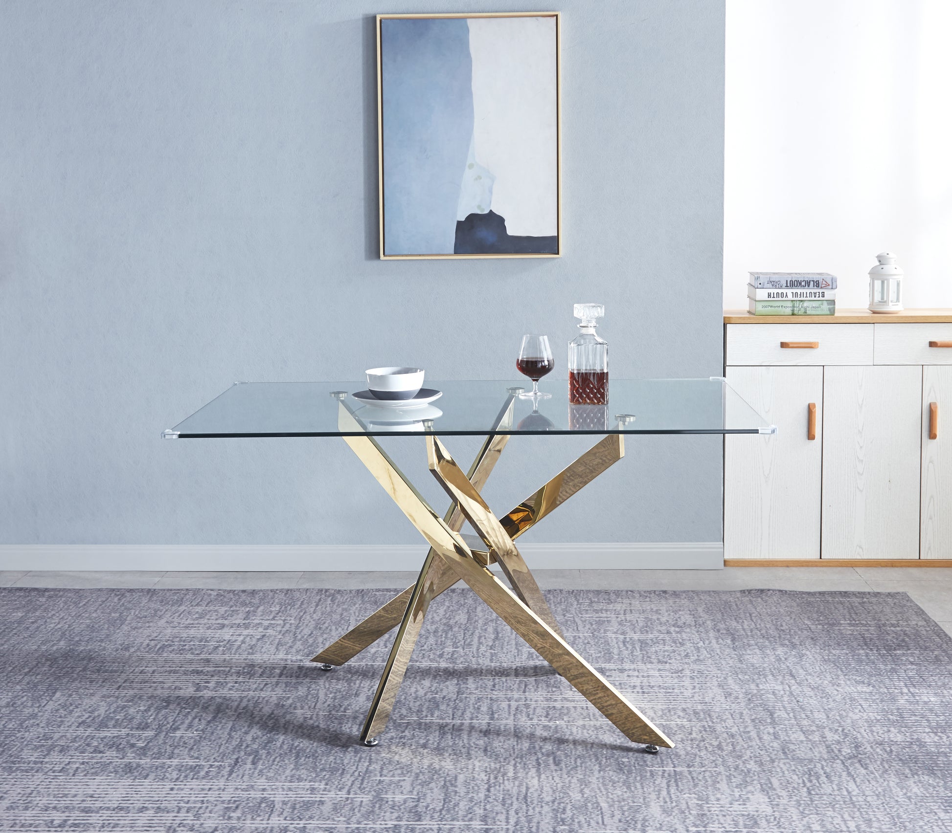 Modern Glass Table For Dining Room Kitchen, 0.39" Thick Tempered Glass Top, Chrome Stainless Steel Base Gold Glass