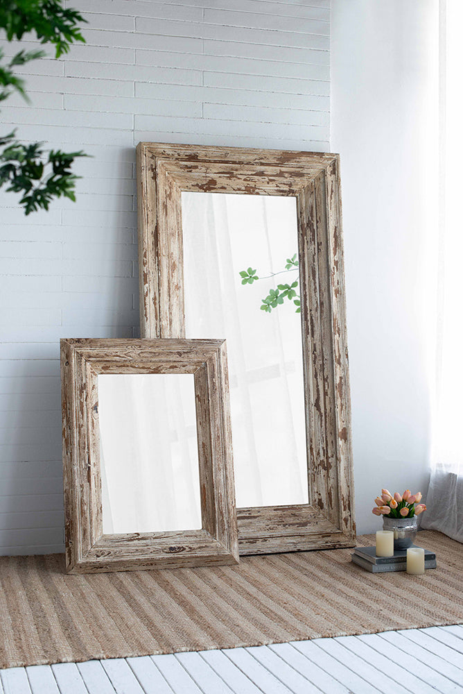 30X2X39" Rectangle Wall Accent Mirror With Distressed Wood Frame Brown Wood