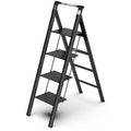 4 Step Ladder, Retractable Handgrip Folding Step Stool With Anti Slip Wide Pedal, Aluminum Step Ladders 4 Steps, 300Lbs Safety Household Ladder Black Aluminium