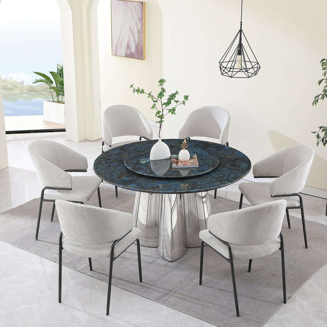 53.3"Modern Sintered Stone Dining Table With 31.5" Round Turntable And Metal Exquisite Pedestal With 6Pcs Chairs Frosty Green Sintered Stone