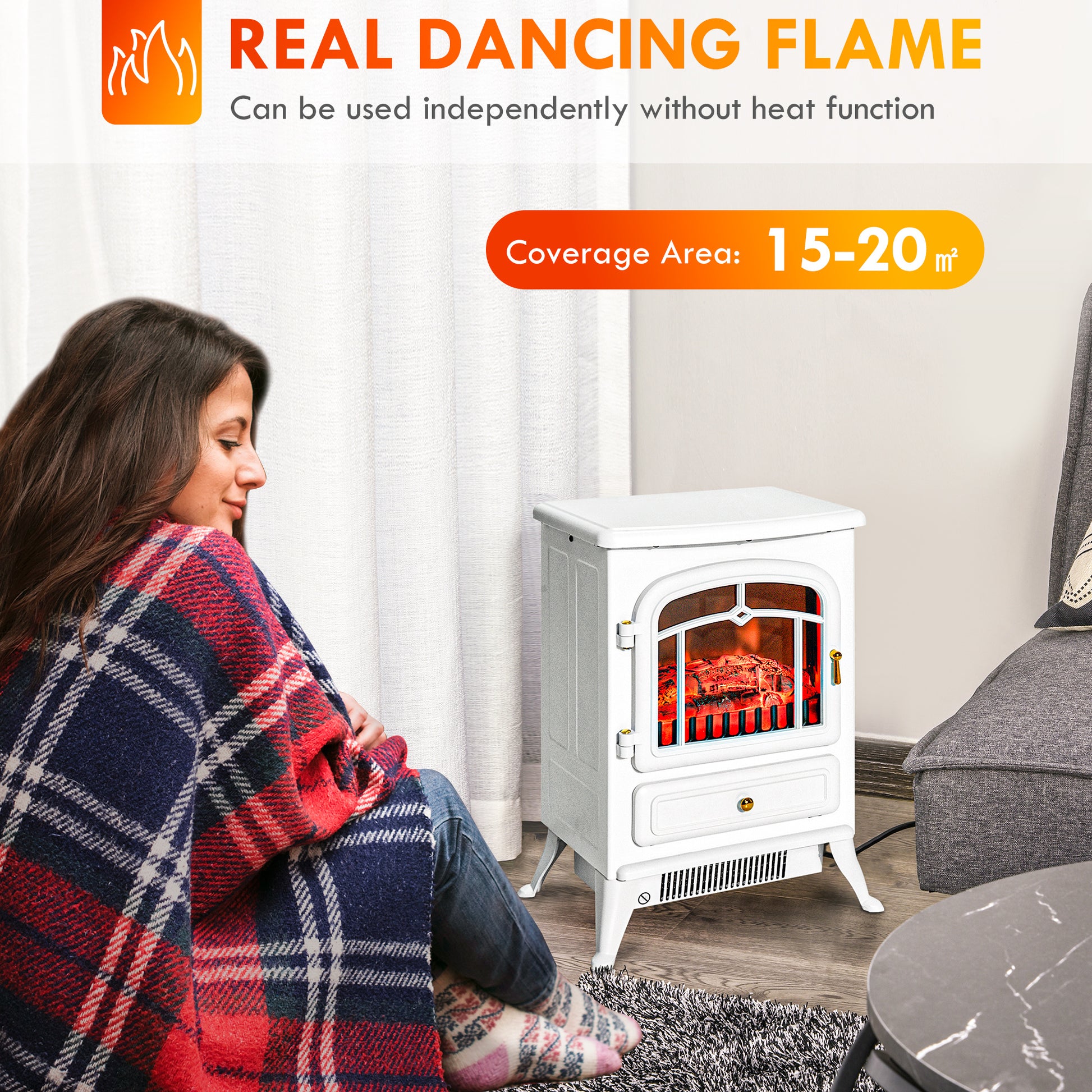 22" Electric Fireplace Heater, Freestanding Fire Place Stove With Realistic Led Flames And Logs, And Overheating Protection, 750W 1500W, White White Tempered Glass