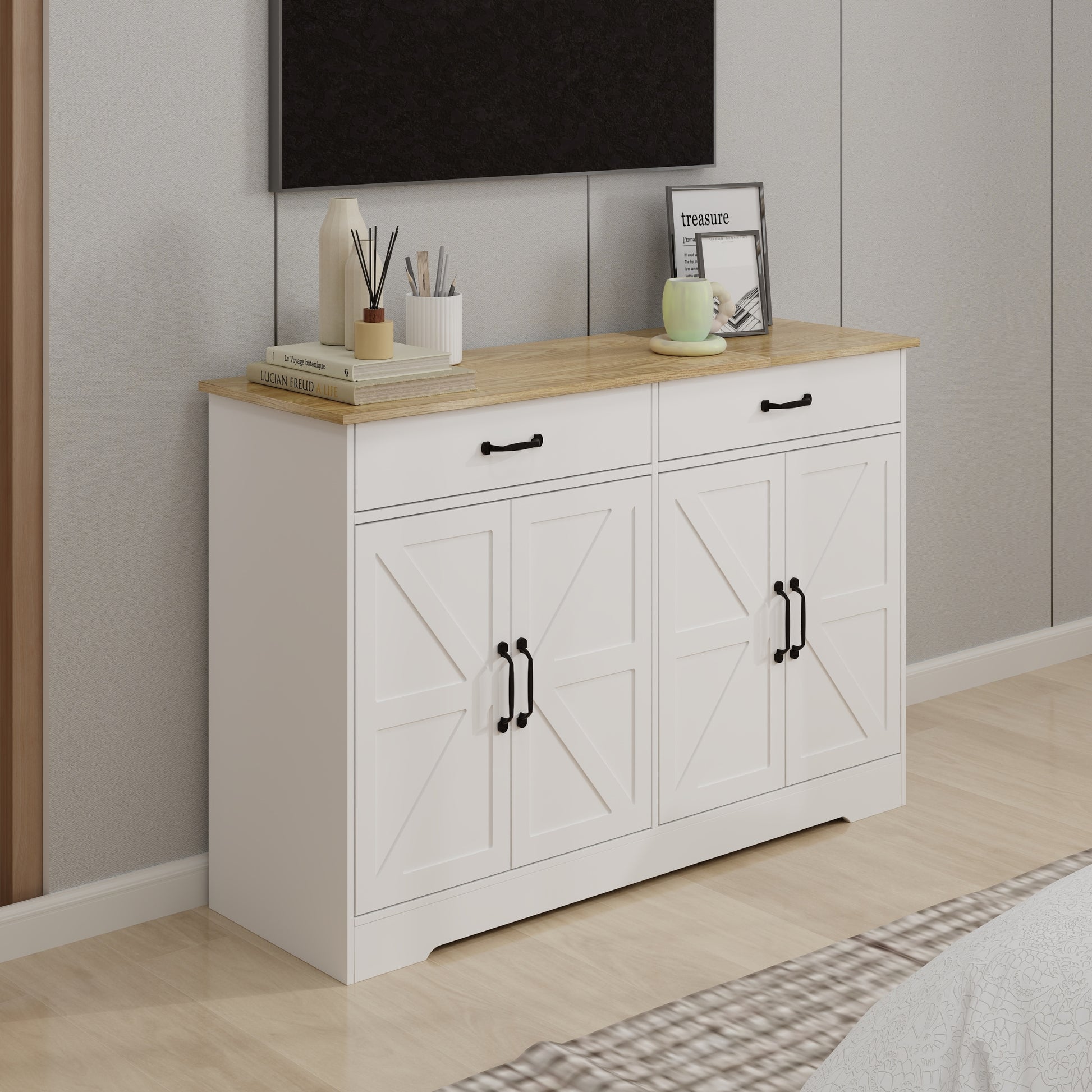 47.95" Farmhouse Buffet Cabinet Storage Sideboard With 2 Drawers And 4 Doors For Dining Living Room Kitchen Cupboard White White Mdf