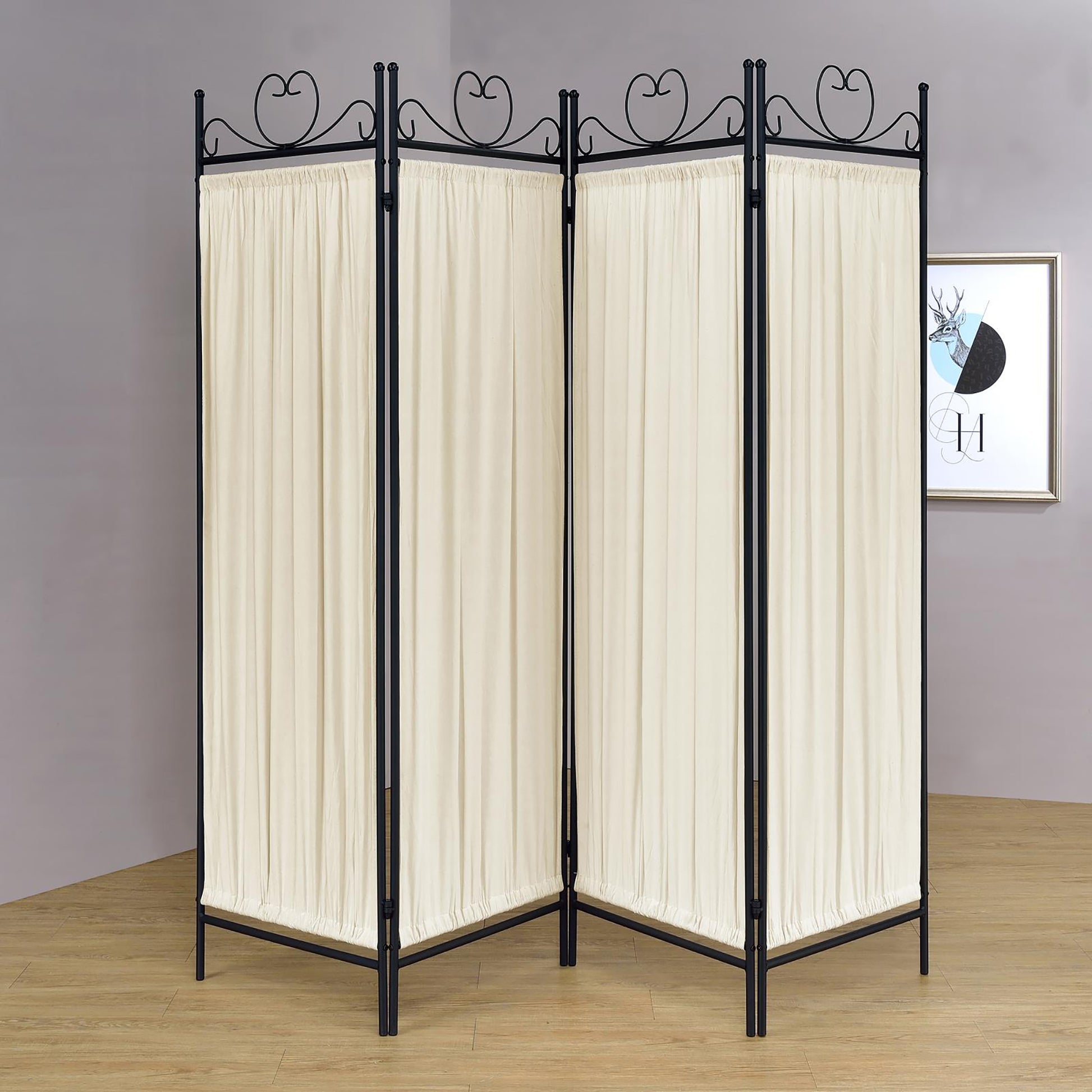 Beige And Black 4 Panel Folding Screen Beige Traditional Metal