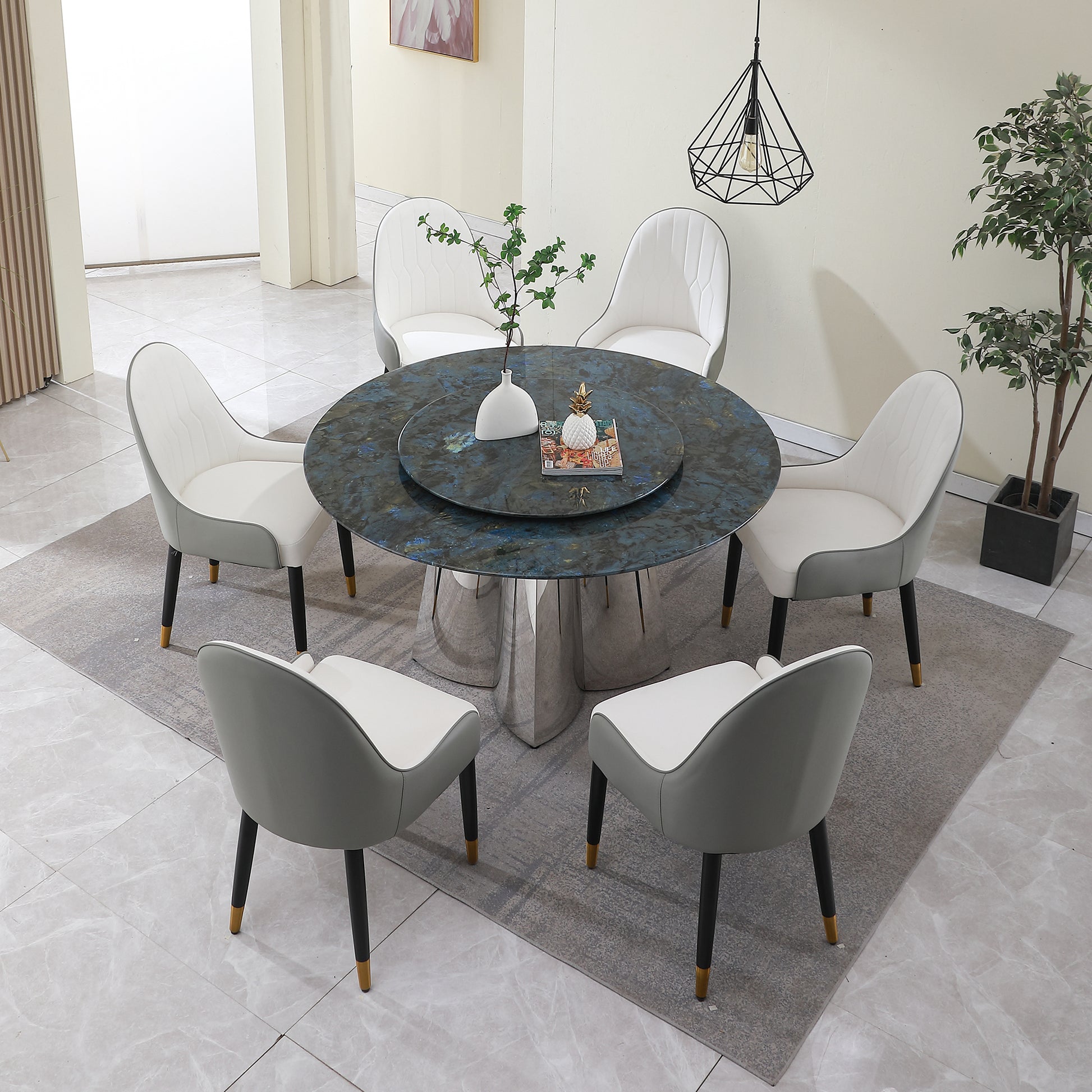 53.3"Modern Sintered Stone Dining Table With 31.5" Round Turntable And Metal Exquisite Pedestal With 6Pcs Chairs Frosty Green Sintered Stone