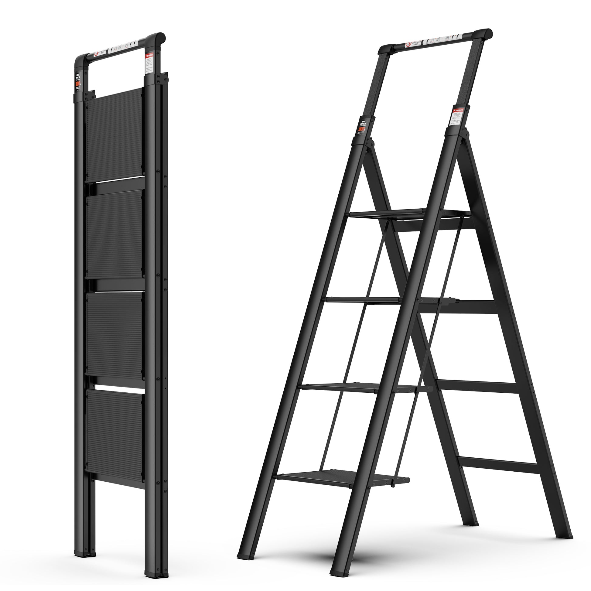 4 Step Ladder, Retractable Handgrip Folding Step Stool With Anti Slip Wide Pedal, Aluminum Step Ladders 4 Steps, 300Lbs Safety Household Ladder Black Aluminium