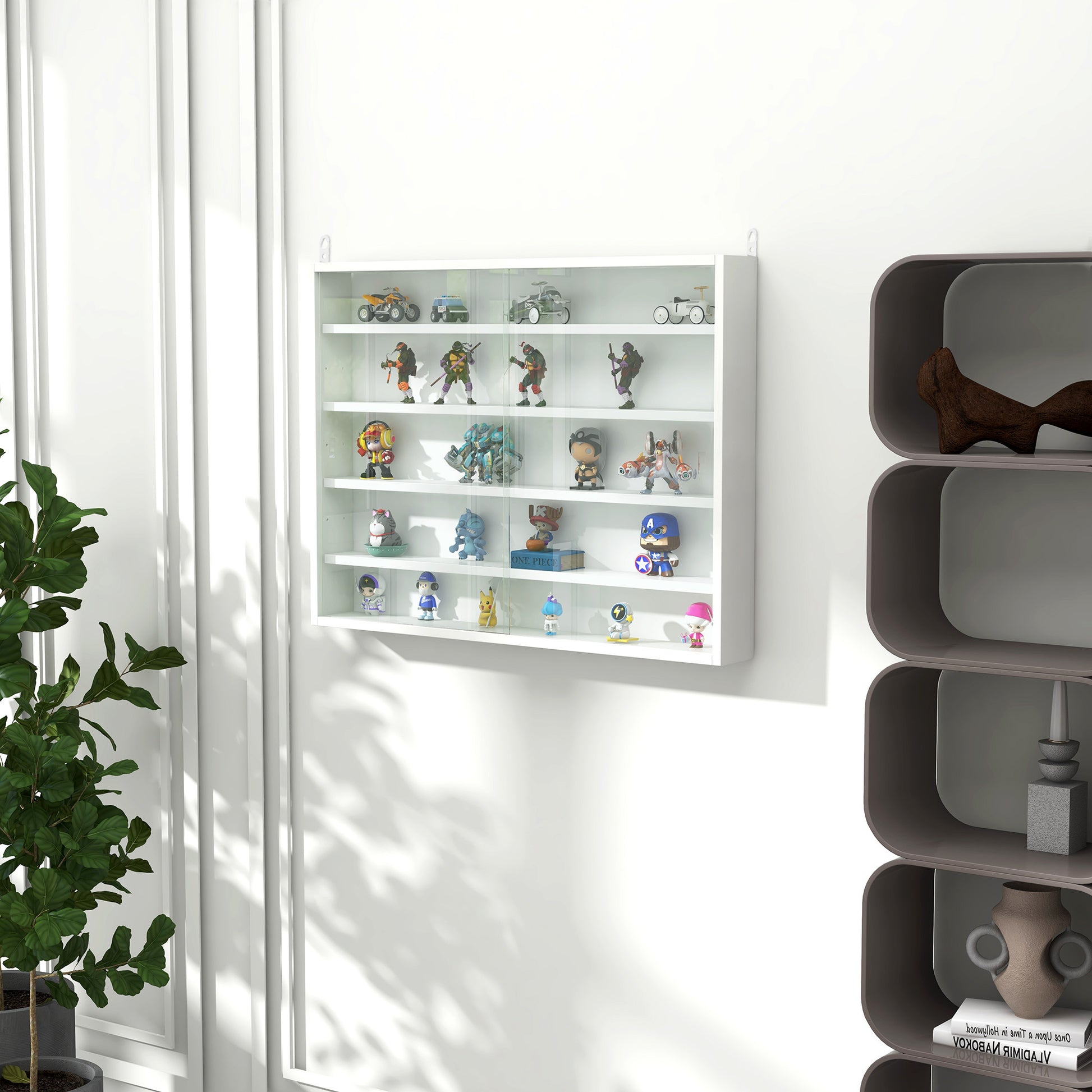 5 Tier Display Cabinet, Glass Display Case With 2 Doors And Adjustable Shelves, Wall Mounted, White White Particle Board