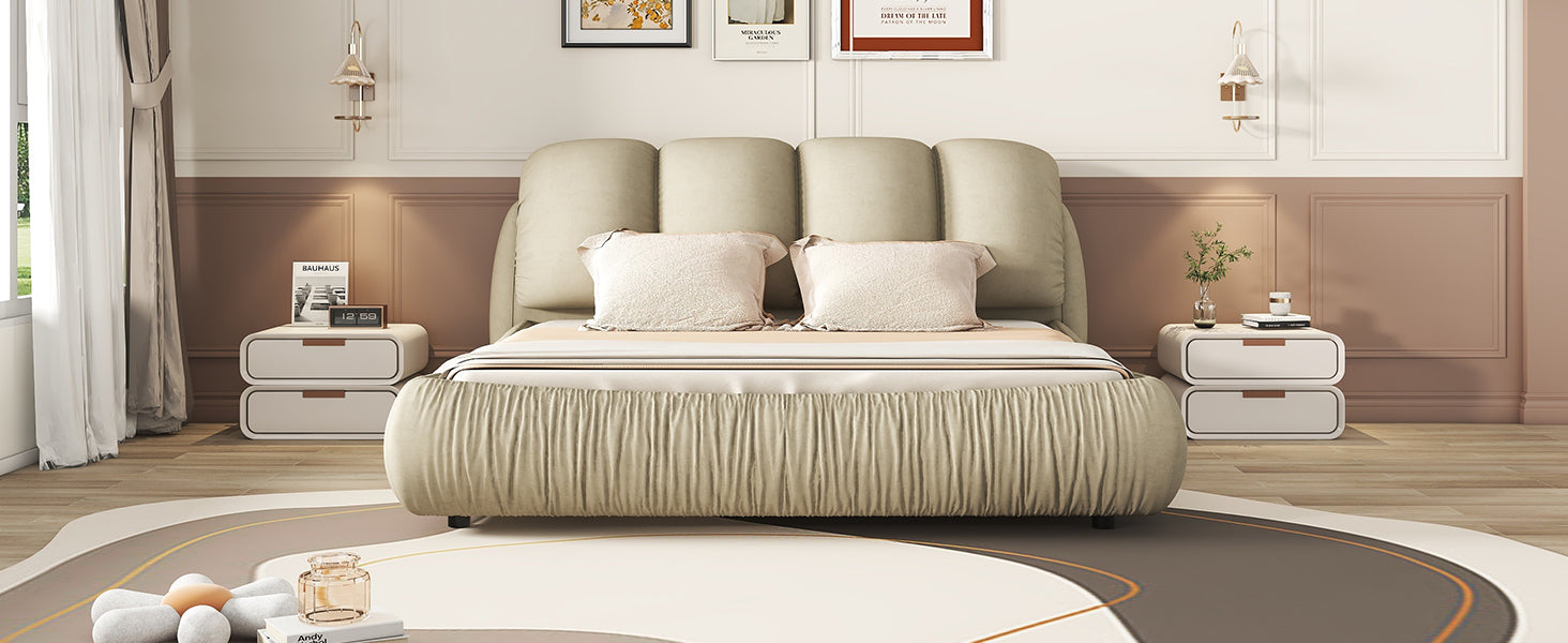 King Size Luxury Upholstered Bed With Thick Headboard, Velvet King Bed With Oversized Padded Backrest, Cinerous Expect Arrive Date 2024 3 9 King Stone Gray Velvet