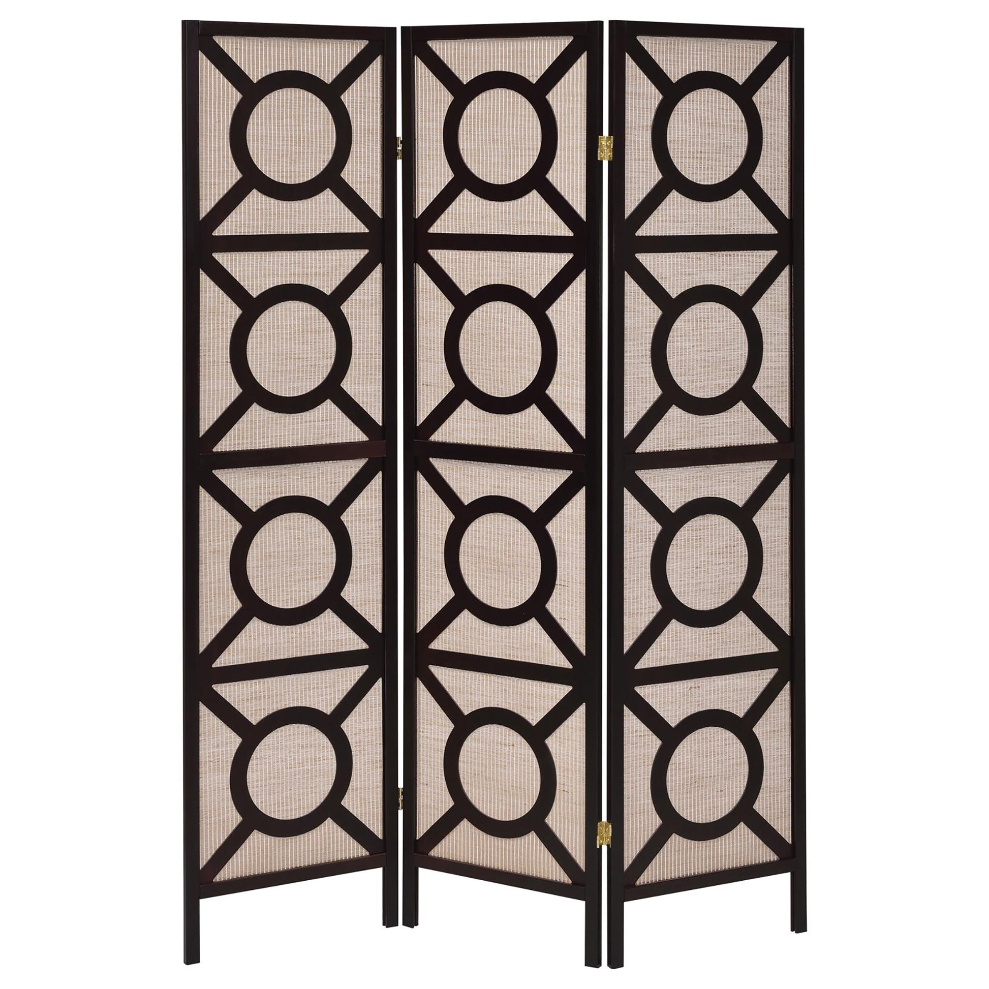 Tan And Cappuccino Circle Pattern 3 Panel Folding Screen Brown Traditional Wood