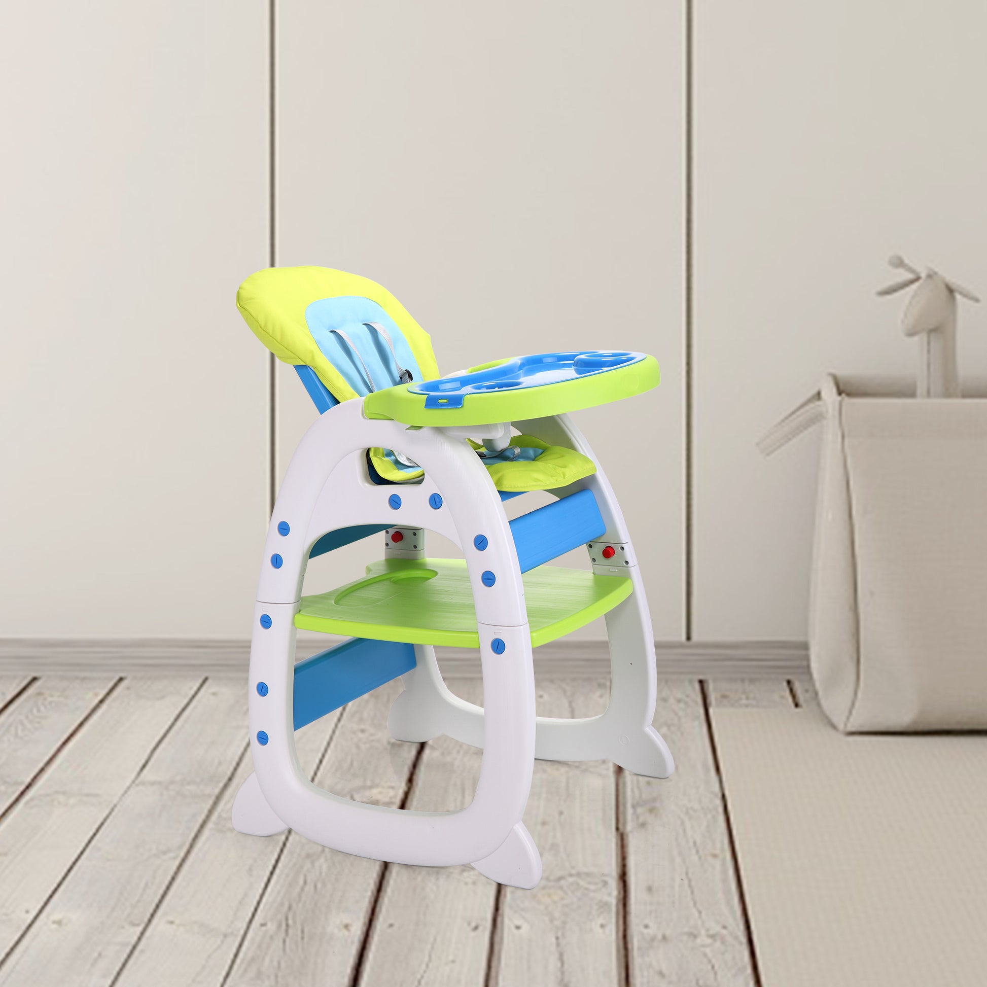 Multipurpose Adjustable Highchair For Baby Toddler Dinning Table With Feeding Tray And 5 Point Safety Buckle, Yellow Blue Polypropylene