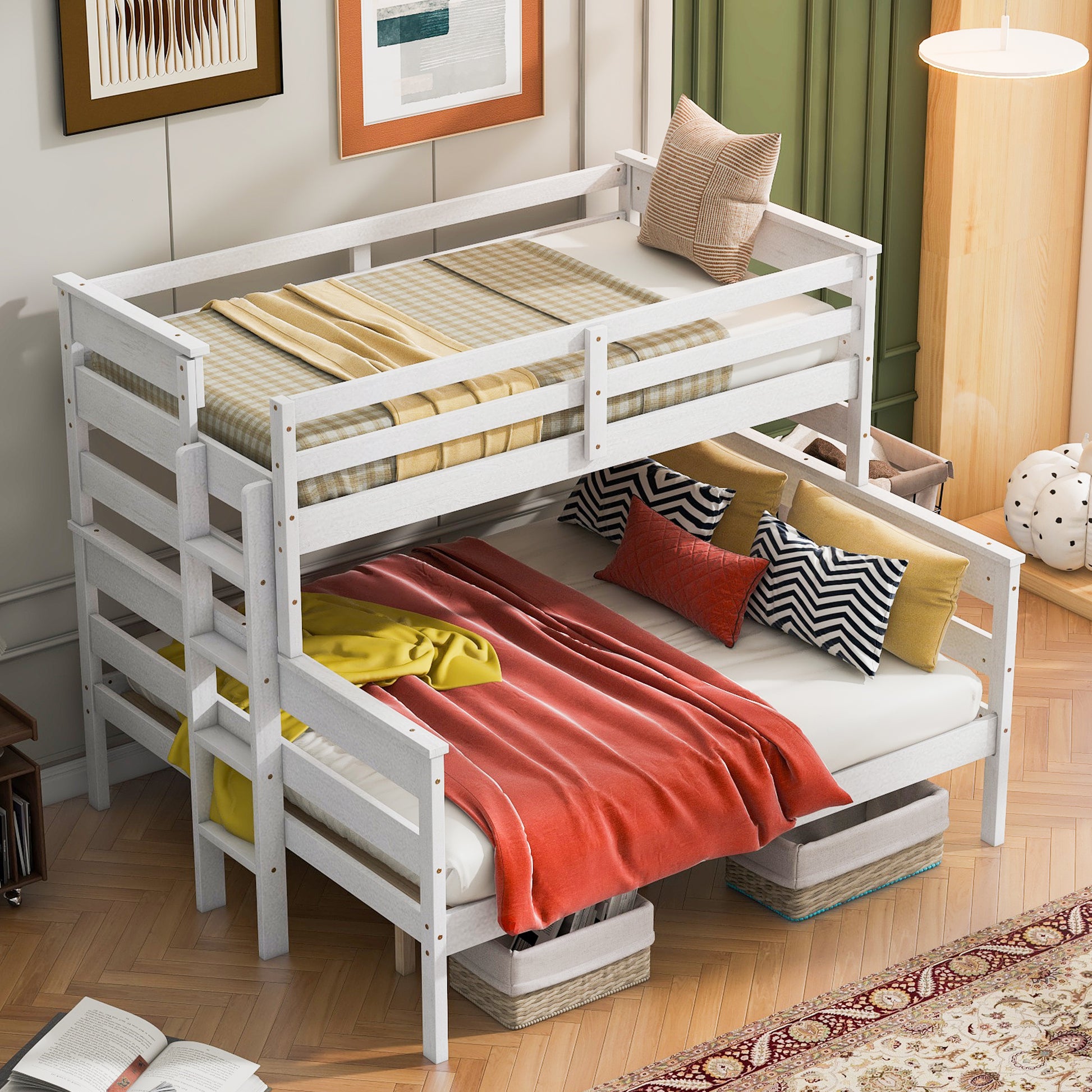 Wood Twin Xl Over Queen Bunk Bed With Ladder, White Box Spring Not Required White Wood Bedroom Bunk Solid Wood Mdf