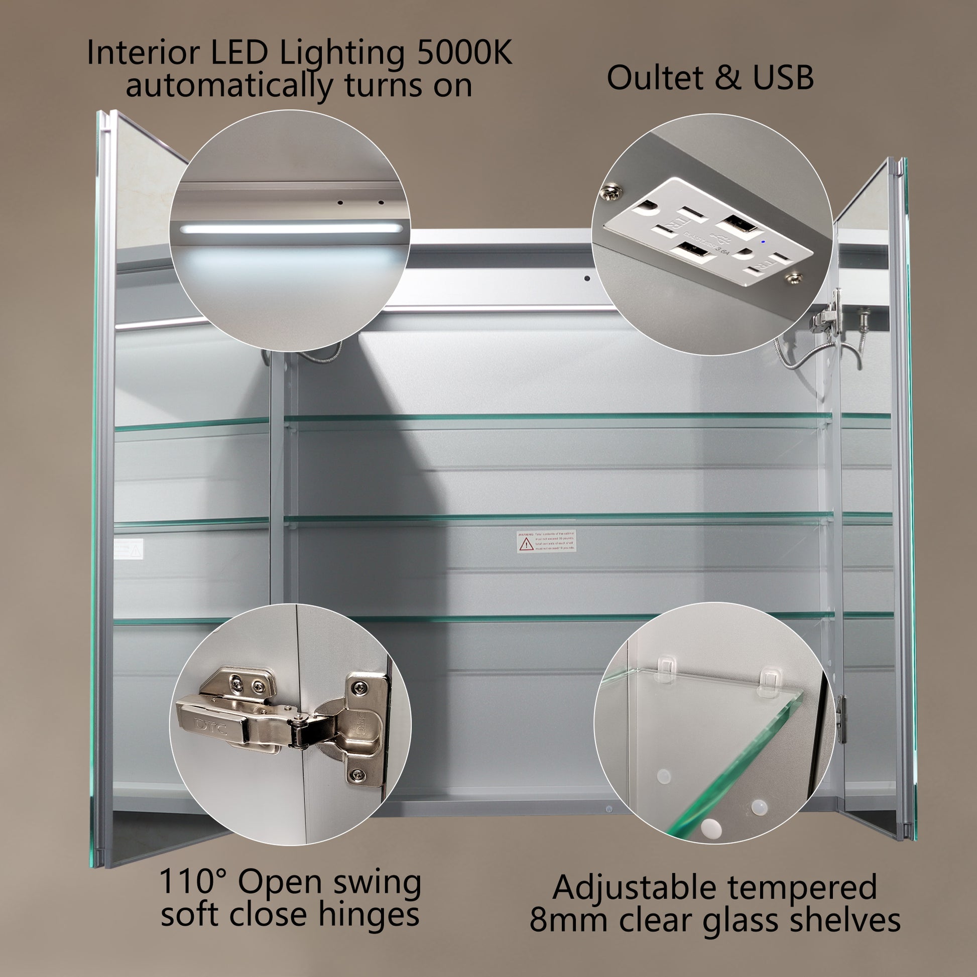 Lighted Medicine Cabinet 30 X30 Inch, Recessed Or Surface Led Medicine Cabinet,Defog,Stepless Dimming,3000K 6400K, Outlets & Usbs,Double Sided Mirror Silver Aluminium