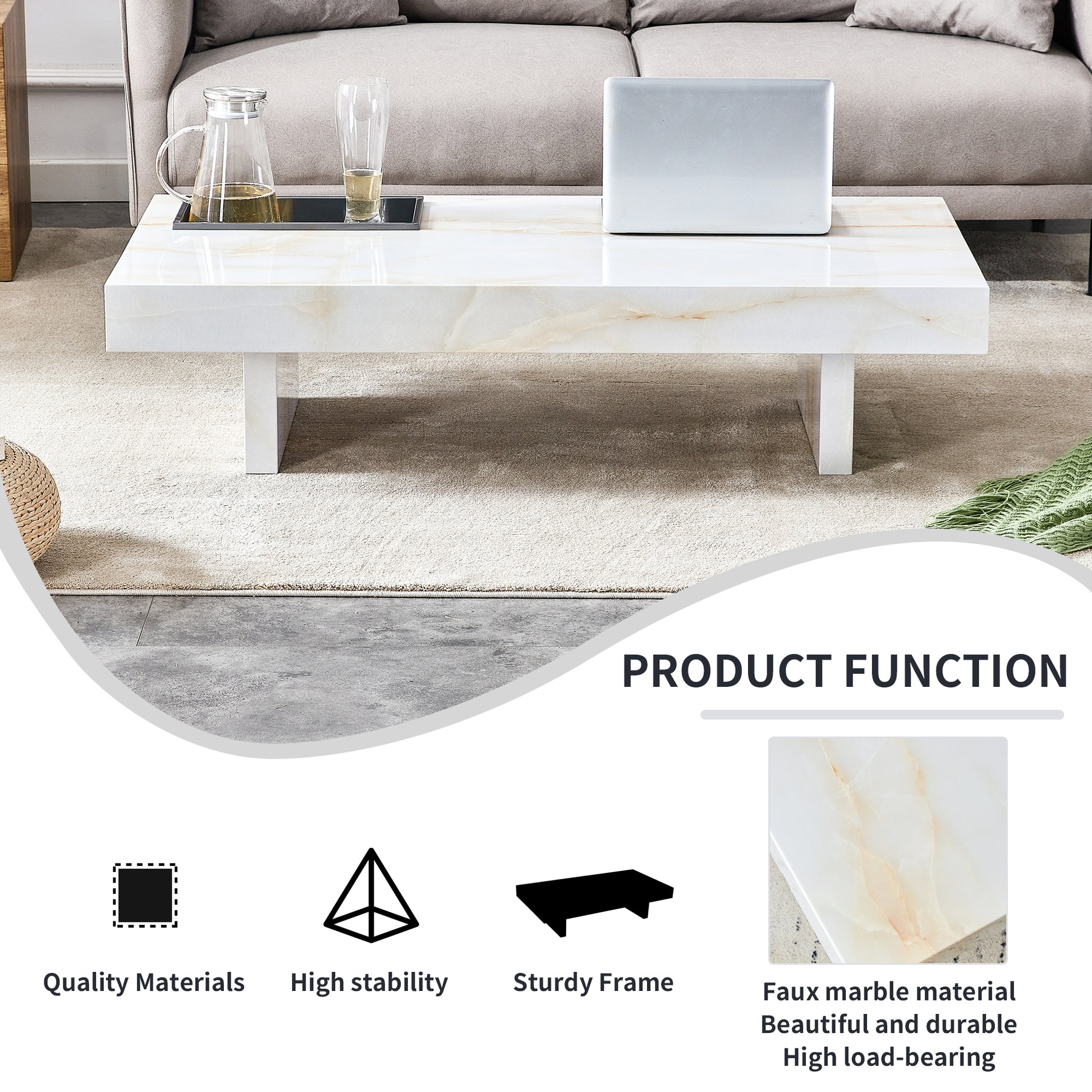 A Modern And Practical Coffee Table With Imitation Marble Patterns, Made Of Mdf Material. The Fusion Of Elegance And Natural Fashion 47.2"* 23.6"* 12 " White Mdf