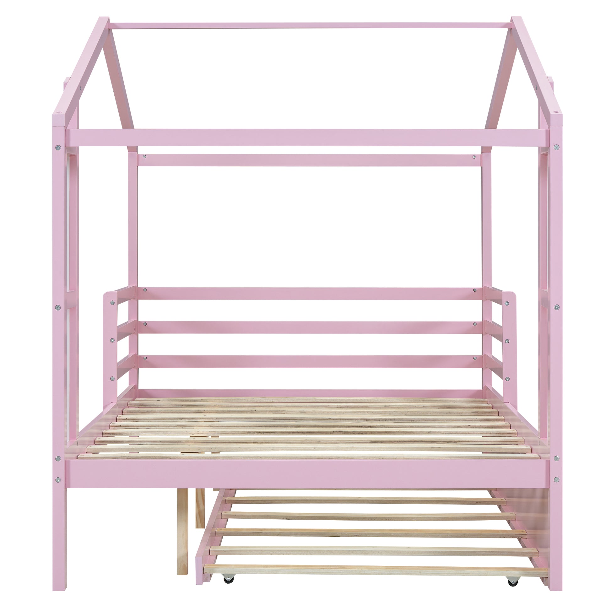 Full Size Wood House Bed With Fence And Writing Board, Pink Pink Solid Wood