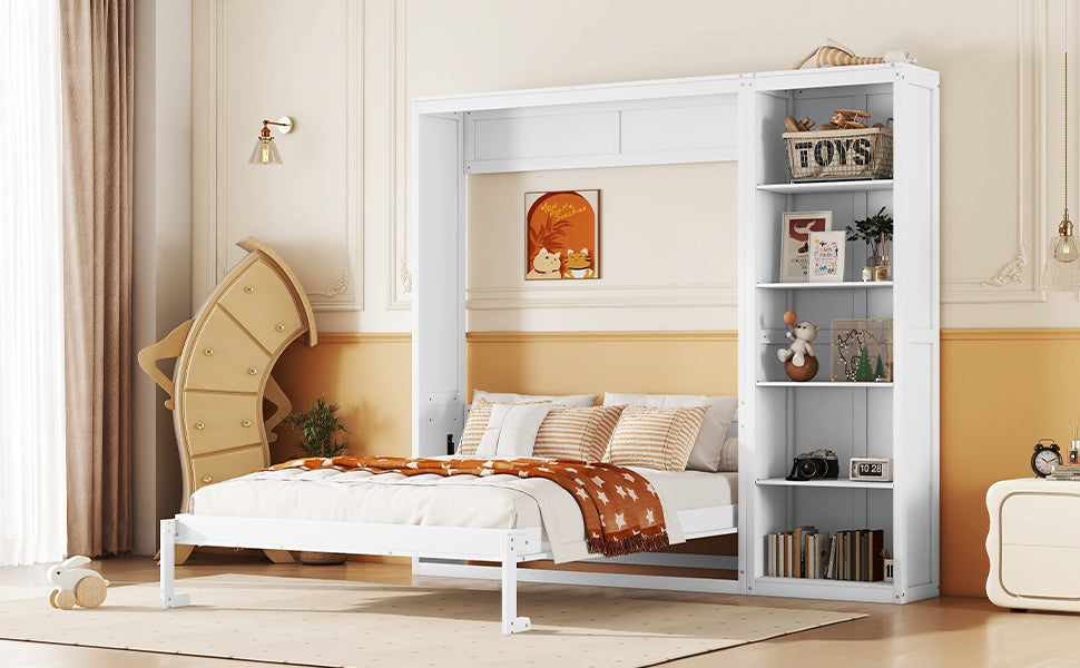 Full Size Murphy Bed Wall Bed With Shelves,White White Solid Wood Mdf