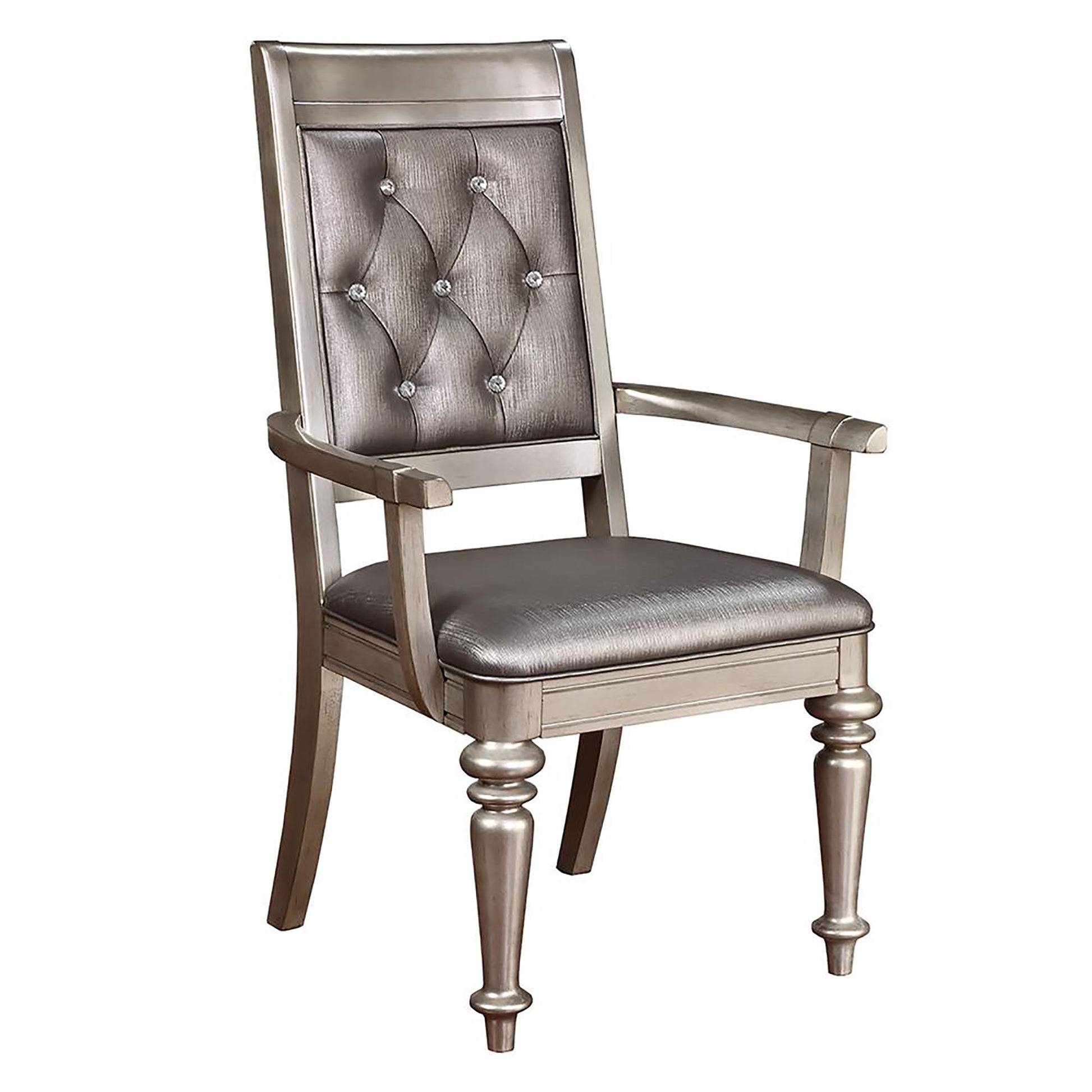 Metallic Platinum And Metallic Open Back Arm Chair Set Of 2 Silver Dining Room Glam Arm Chair Rubberwood Tufted Back Wood