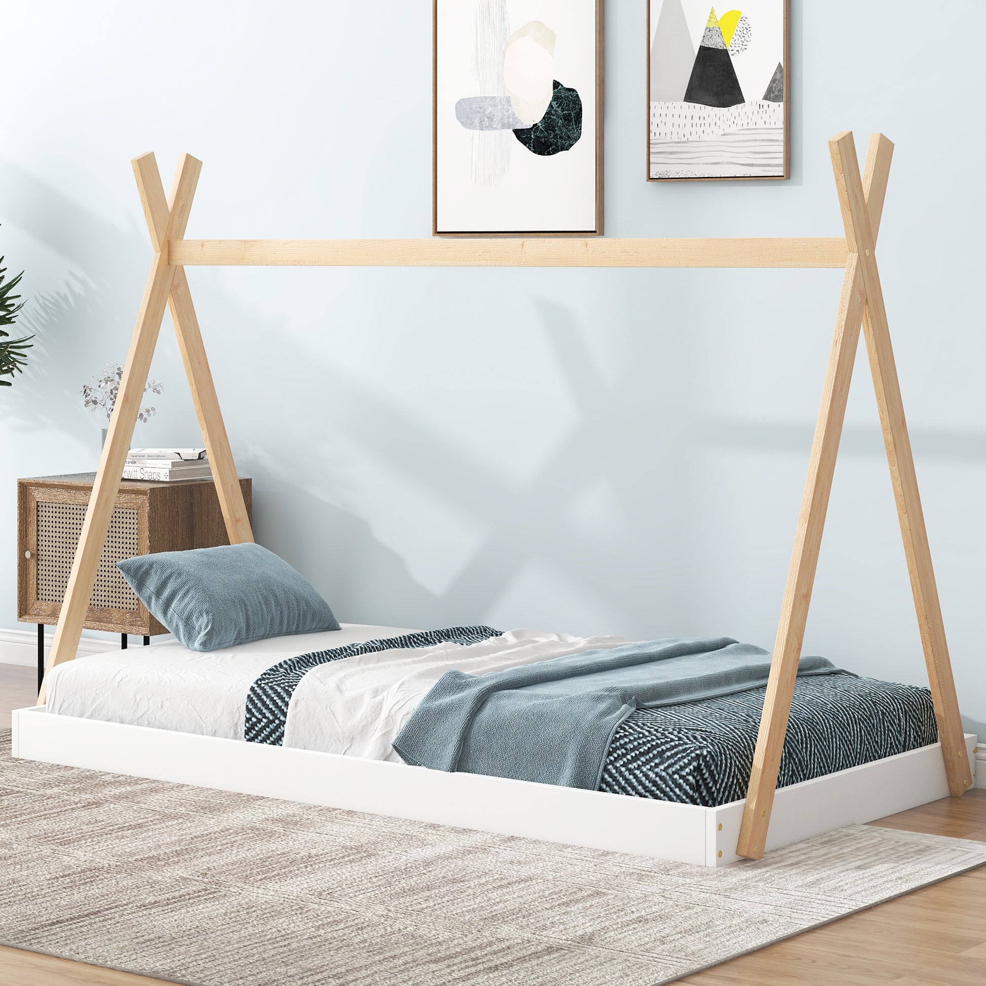 Twin Size Tent Floor Bed With Triangle Structure, White Natural Twin B
