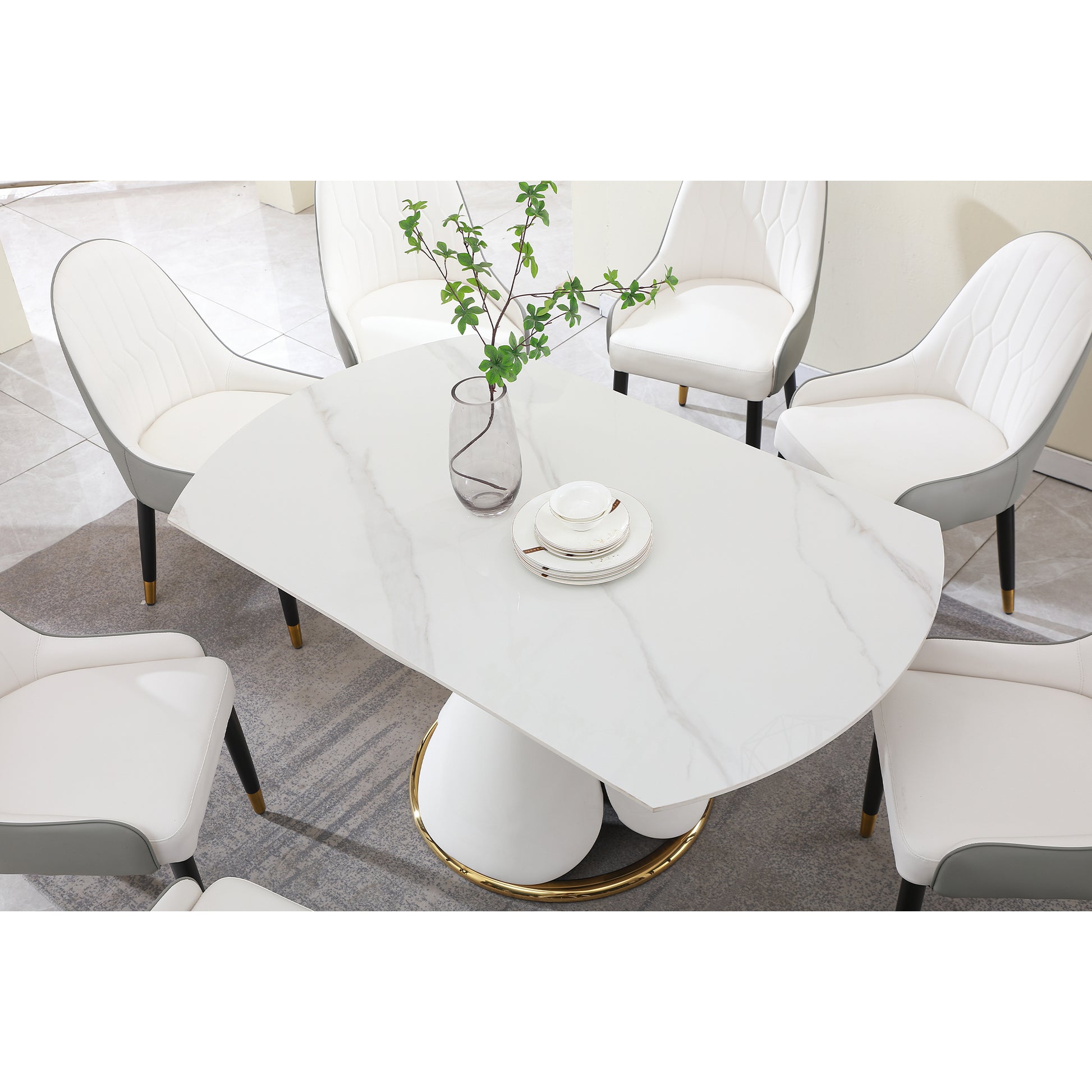Fashion Modern Sinntered Stone Dining Table With Simple And Multi Functional Retractable Dining Table With 6 Pcs Chairs Beige White Engineered Stone