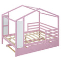 Full Size Wood House Bed With Fence And Writing Board, Pink Pink Solid Wood
