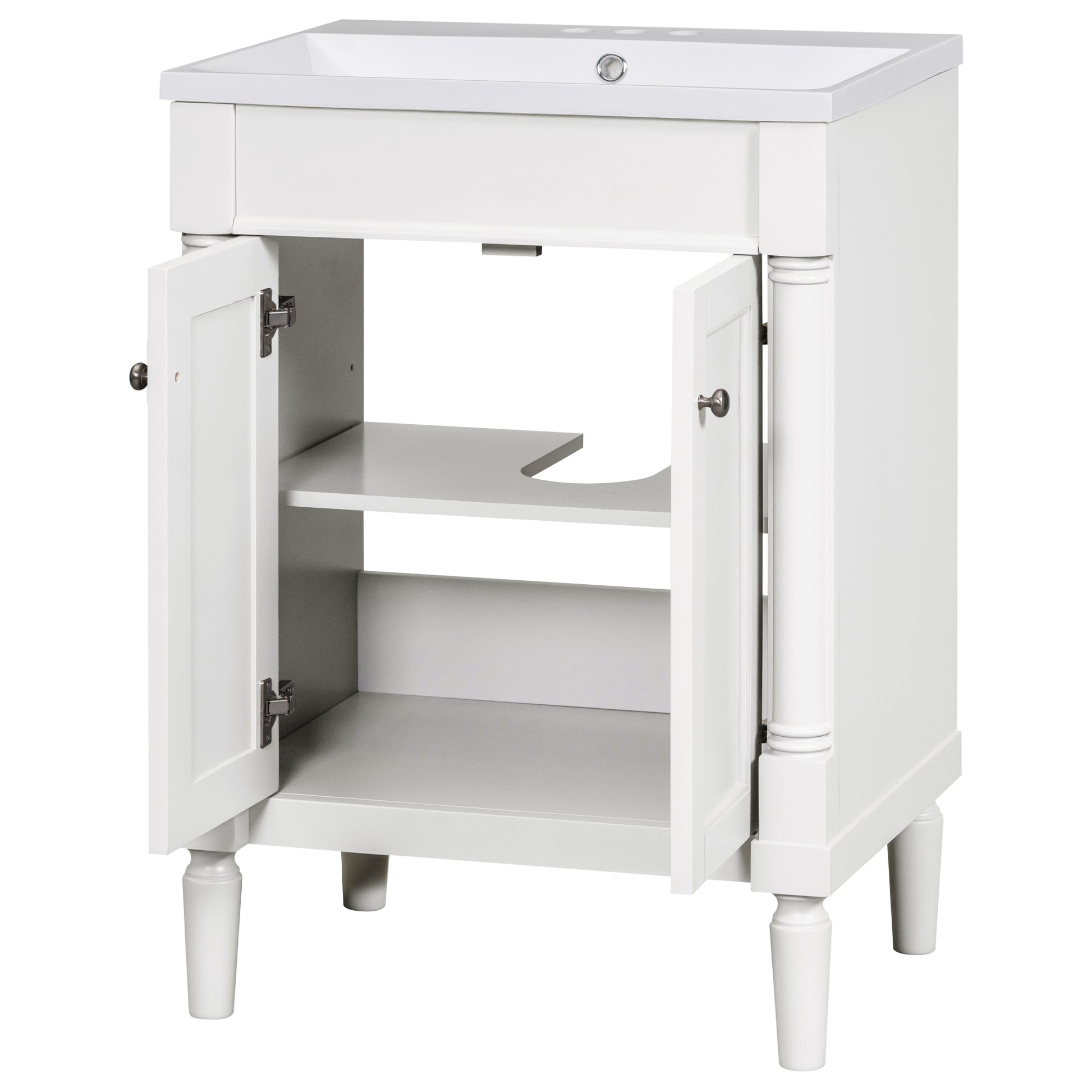 24'' Bathroom Vanity With Top Sink, 2 Tier Modern Bathroom Storage Cabinet, Single Sink Bathroom Vanity, Large Storage Shelves White Mdf