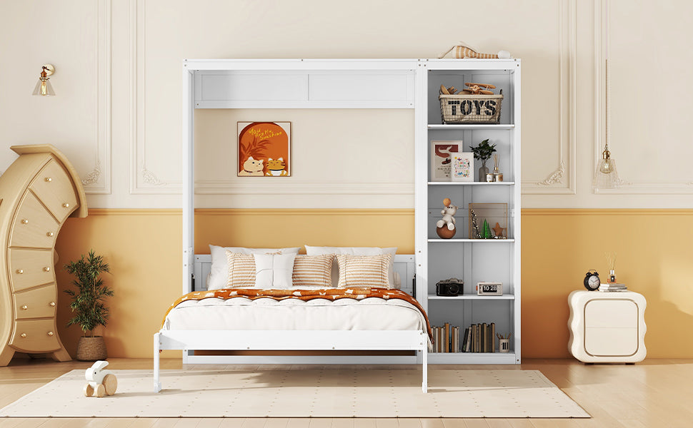 Full Size Murphy Bed Wall Bed With Shelves,White White Solid Wood Mdf