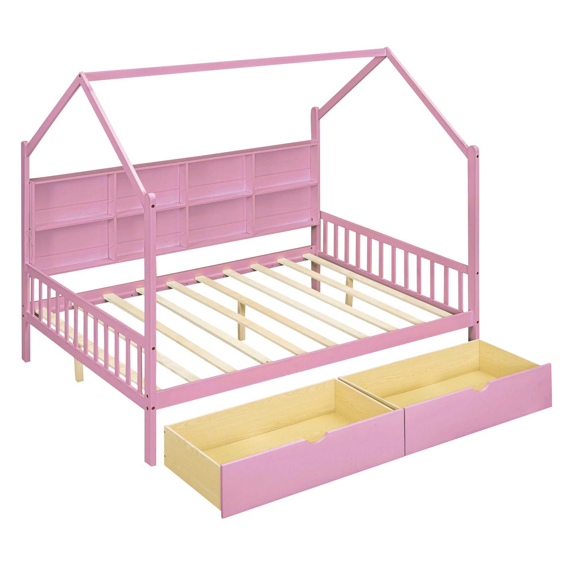 Wooden Full Size House Bed with 2 Drawers,Kids Bed pink-solid wood