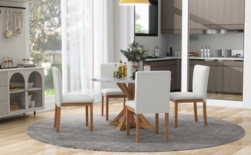 5 Piece Farmhouse Style Dining Table Set, Marble Sticker And Cross Bracket Pedestal Dining Table, And 4 Upholstered Chairs White Walnut Upholstered Chair Wood White Walnut Seats 4 Wood Dining Room