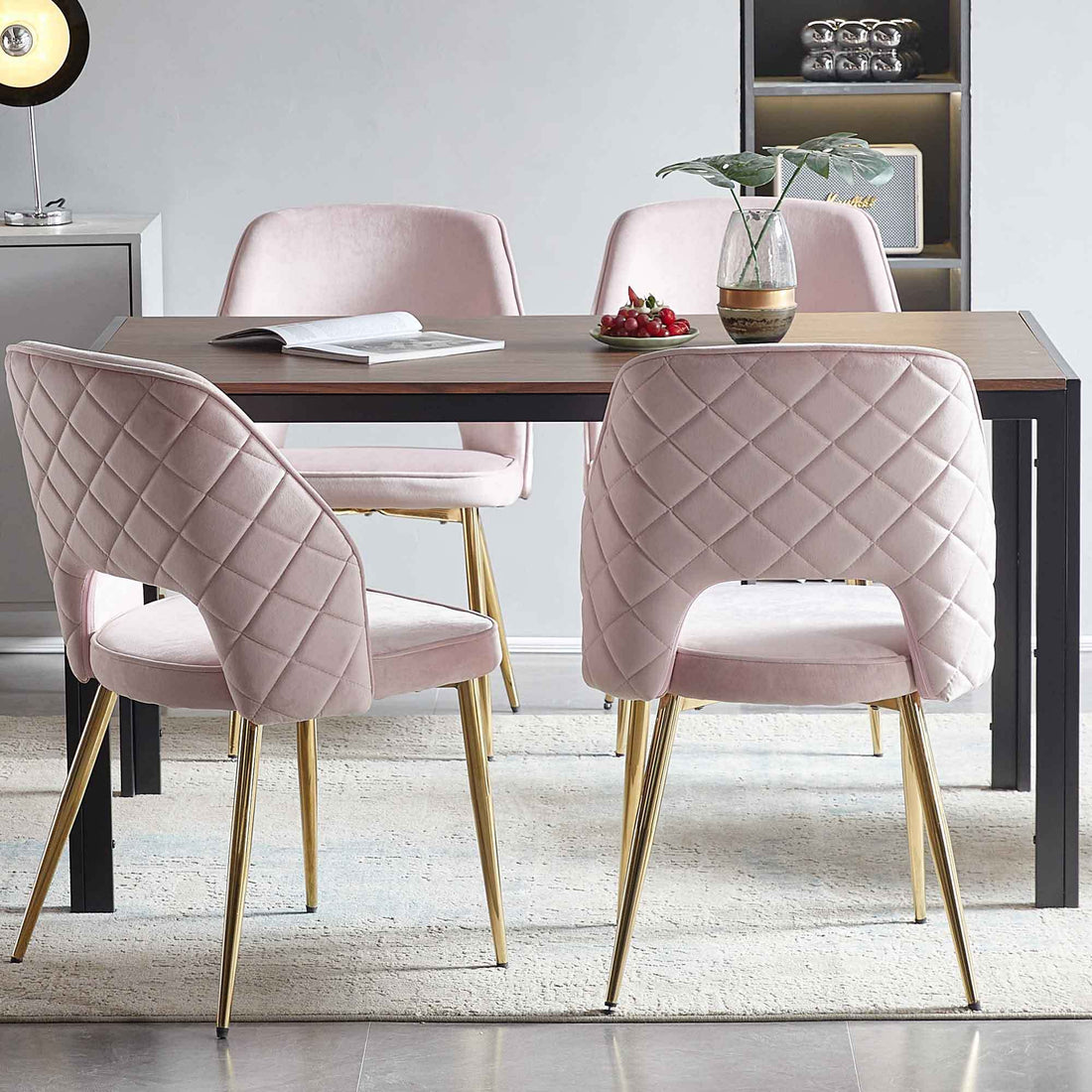 Pink Velvet Dining Chairs With Metal Legs And Hollow Back Upholstered Dining Chairs Set Of 4 Pink Dining Room Modern Dining Chairs Velvet